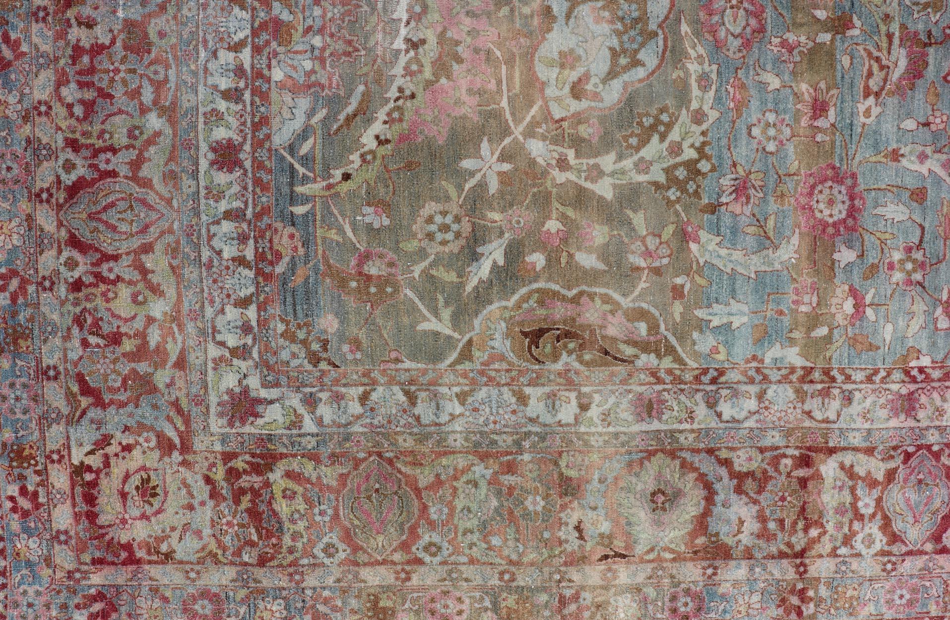 Antique Large Persian Kerman Rug with Soft Floral All-Over Design 10'7 x 19'5 In Good Condition For Sale In Atlanta, GA