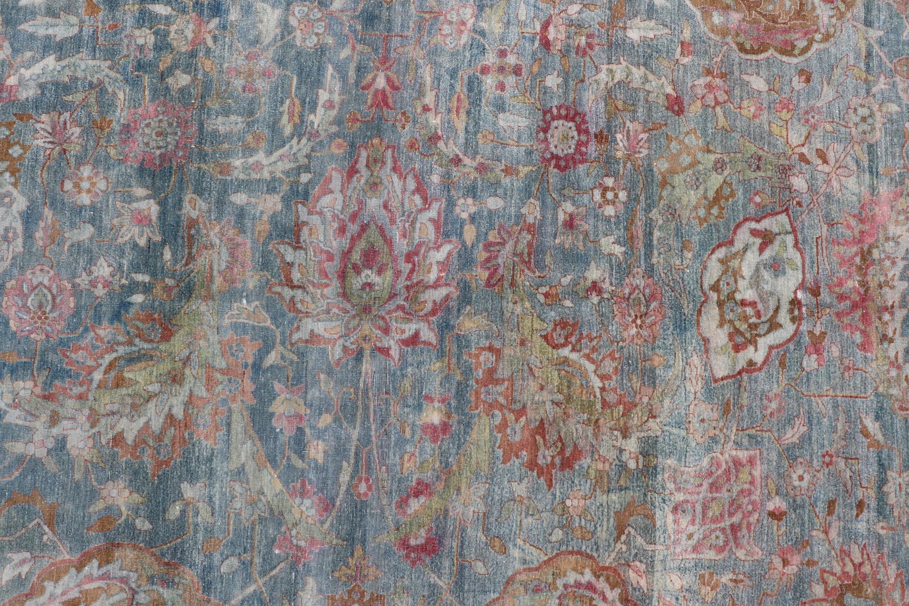 Wool Antique Large Persian Kerman Rug with Soft Floral All-Over Design 10'7 x 19'5 For Sale