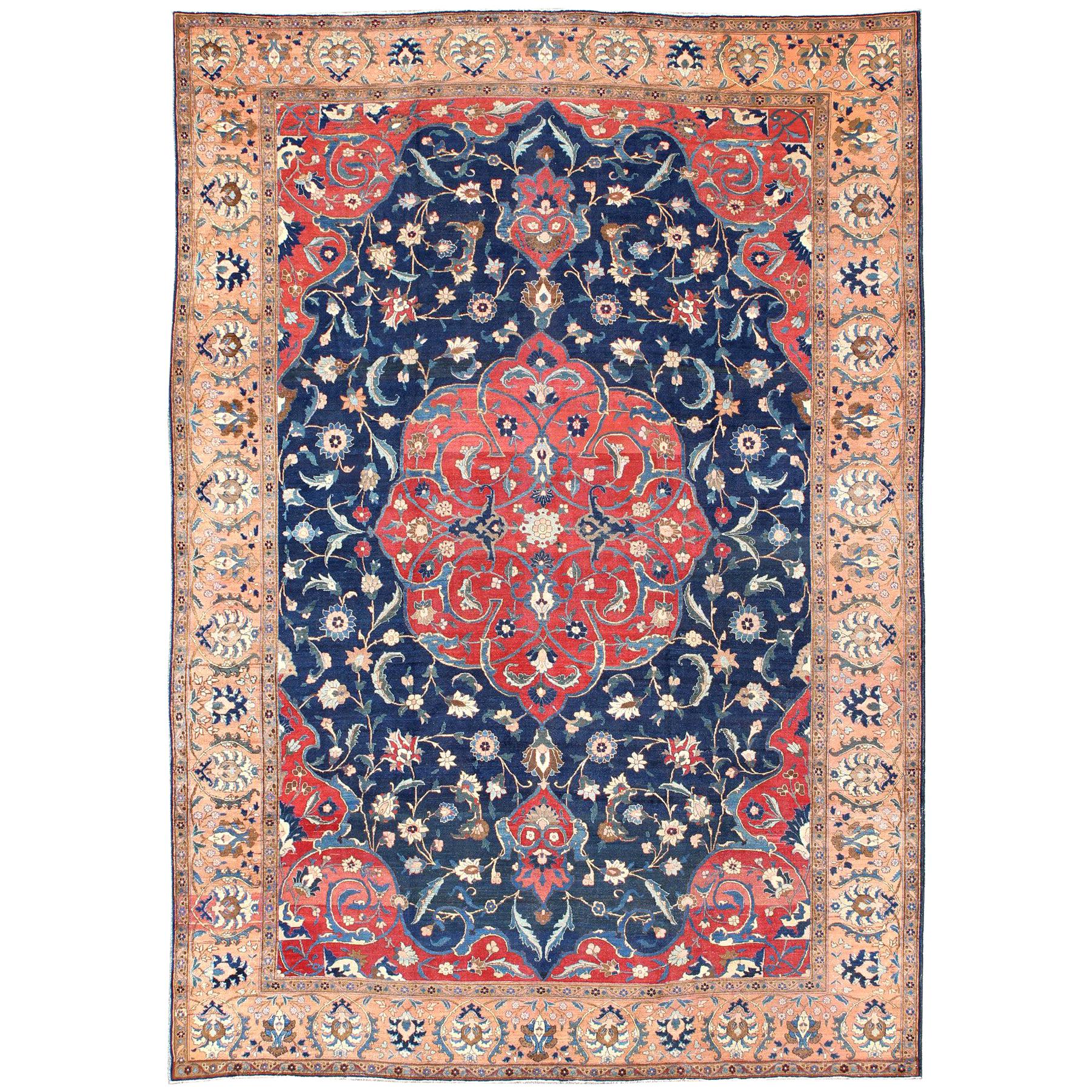 Antique Large Persian Tabriz Rug with Large Flowers On A Navy Background