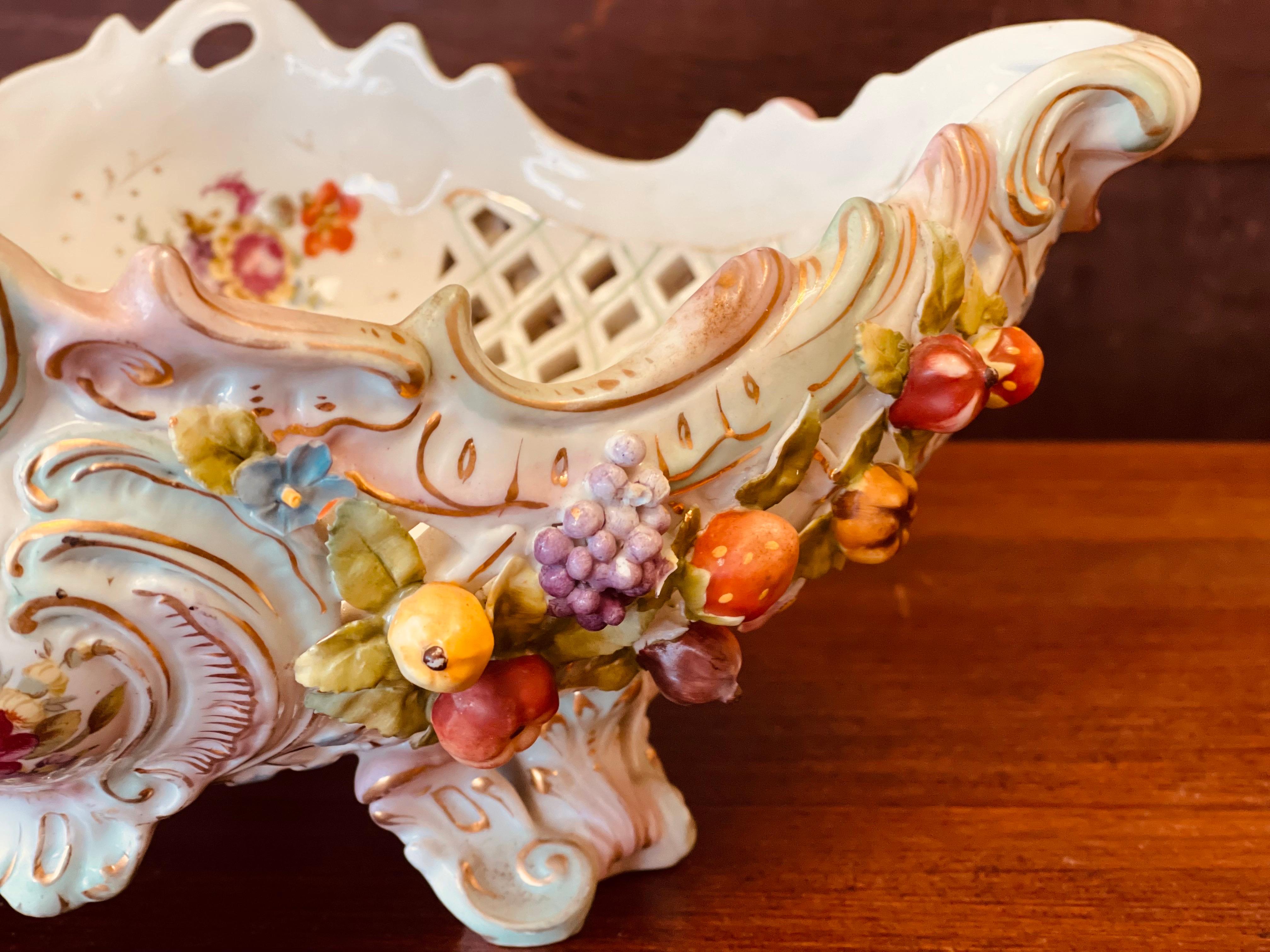 Antique Large Pierced German Centerpiece Bowl w/Raised Flowers Meissen or Like For Sale 6