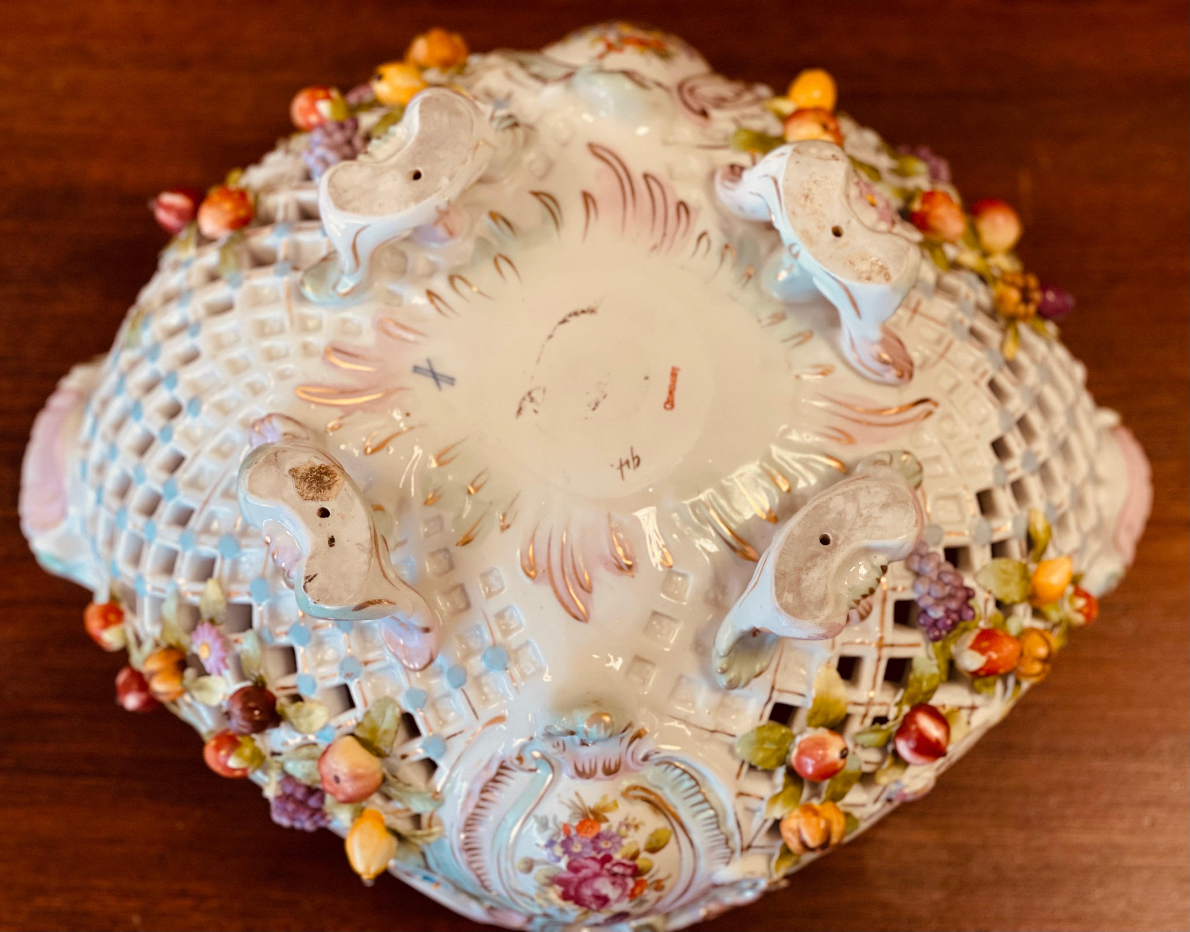 Antique Large Pierced German Centerpiece Bowl w/Raised Flowers Meissen or Like For Sale 9