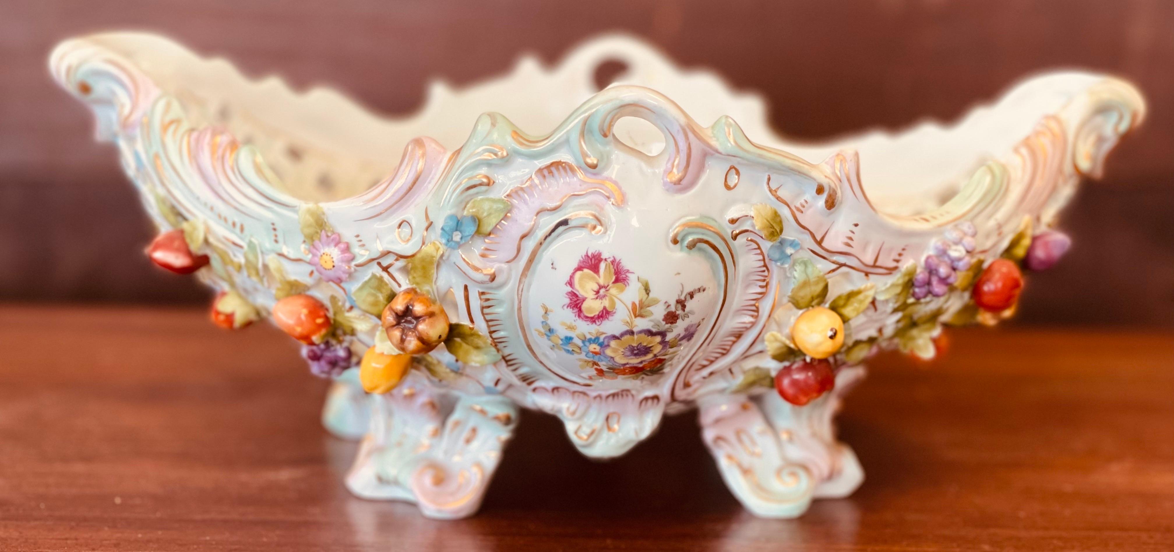 Antique Large Pierced German Centerpiece Bowl w/Raised Flowers Meissen or Like In Good Condition For Sale In West Hartford, CT