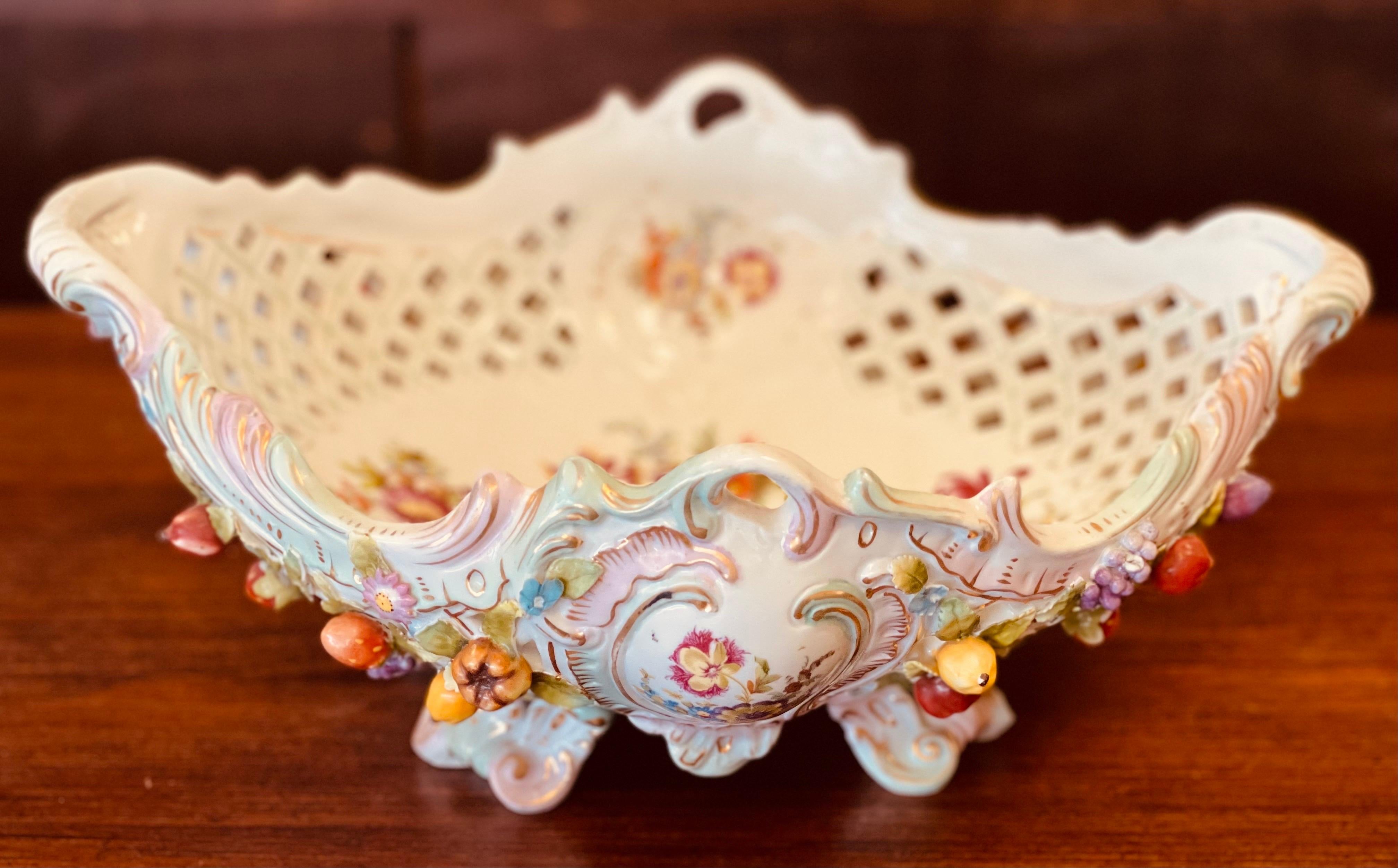 Ceramic Antique Large Pierced German Centerpiece Bowl w/Raised Flowers Meissen or Like For Sale