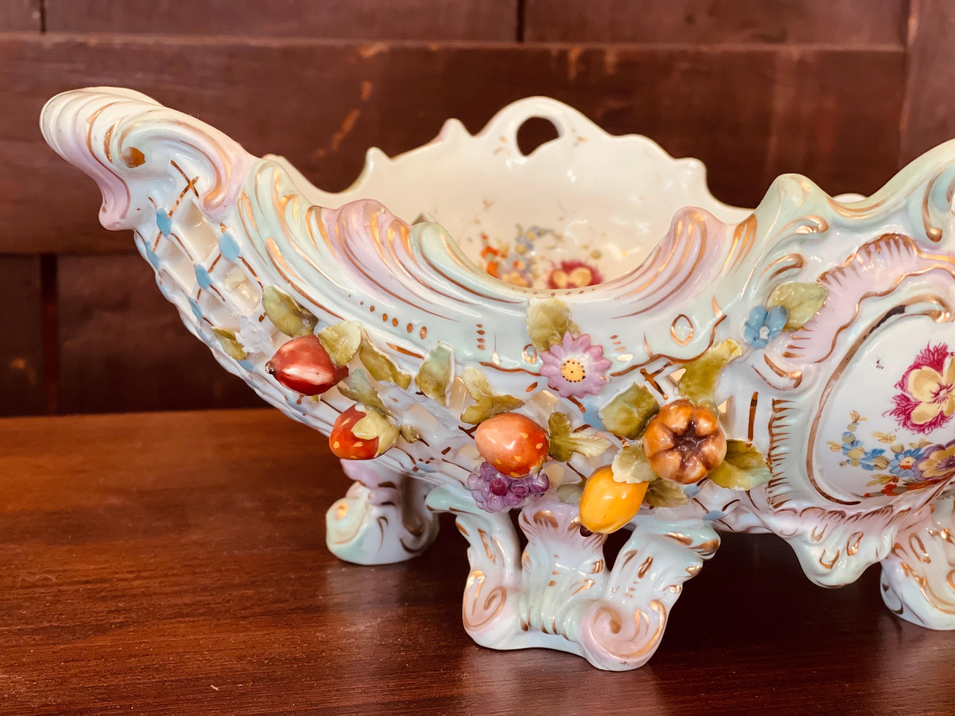 Antique Large Pierced German Centerpiece Bowl w/Raised Flowers Meissen or Like For Sale 1