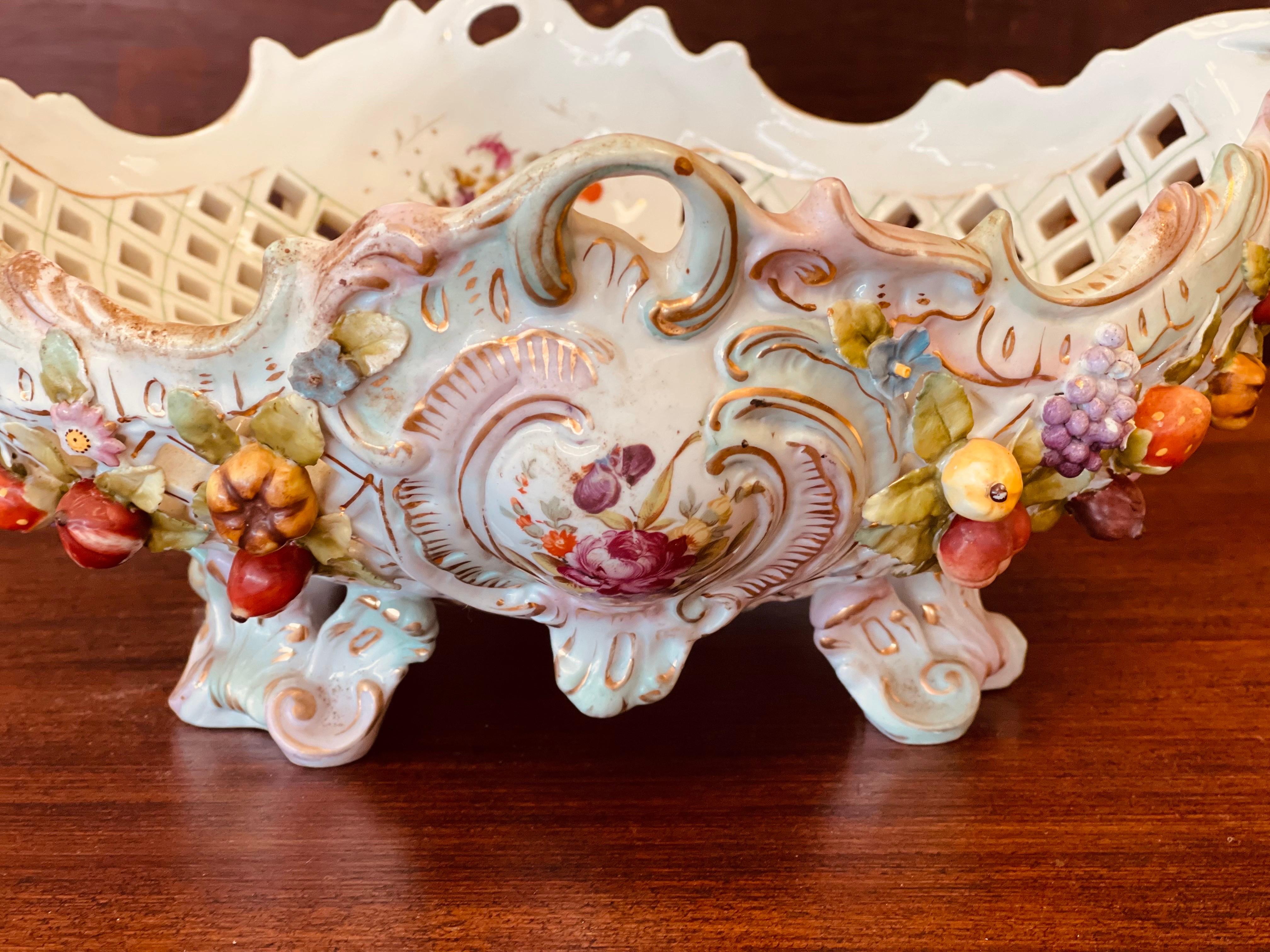 Antique Large Pierced German Centerpiece Bowl w/Raised Flowers Meissen or Like For Sale 2