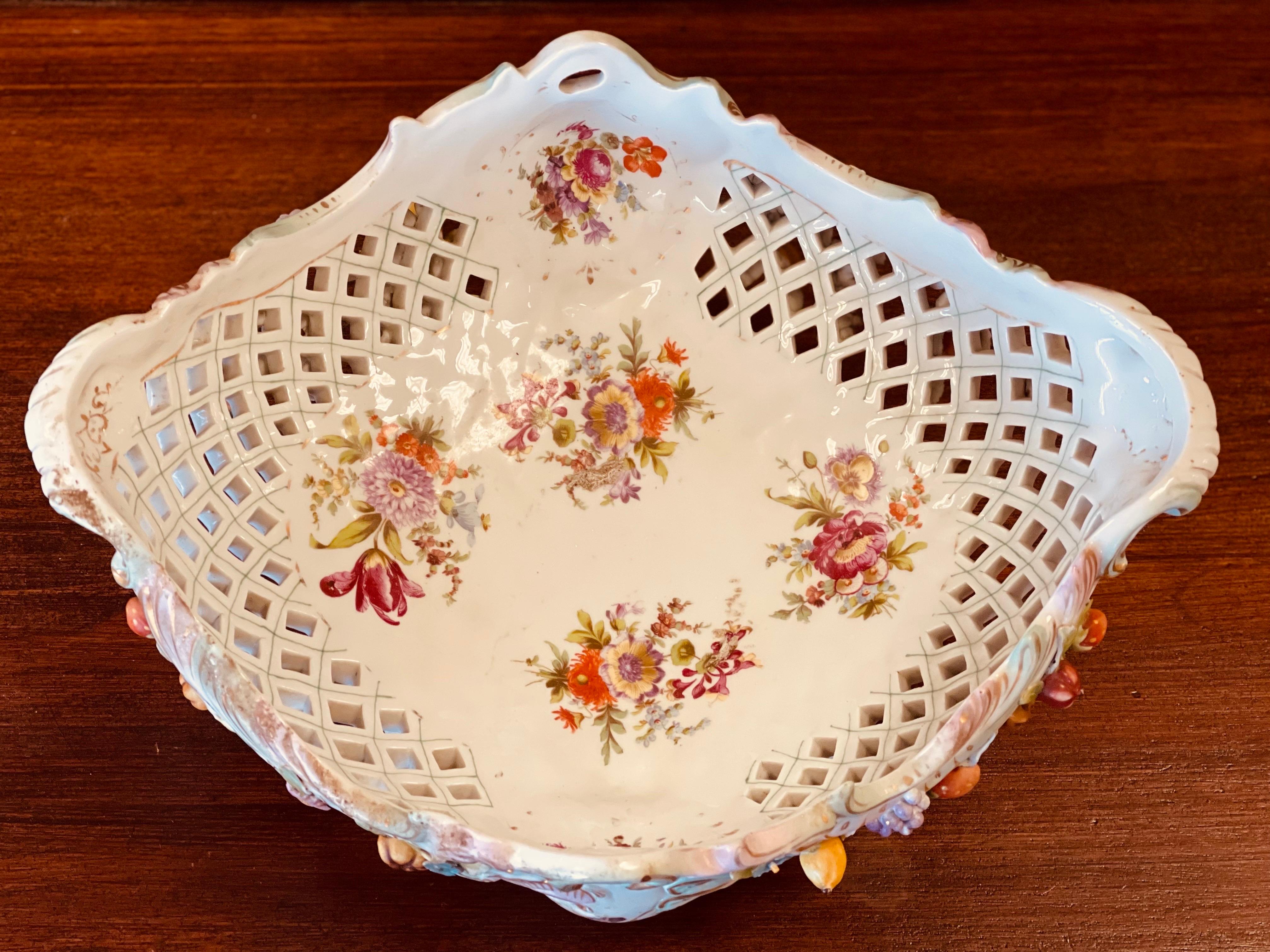 Antique Large Pierced German Centerpiece Bowl w/Raised Flowers Meissen or Like For Sale 4