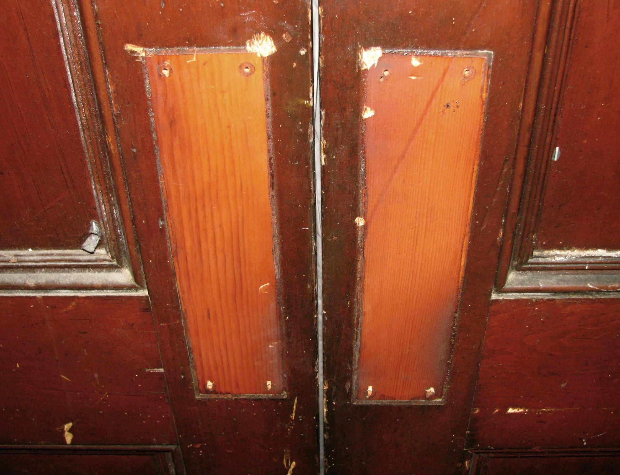 Large Pine Double Swing / Pocket Doors Stained w/ 4 Vertical Panes In Good Condition In New York, NY