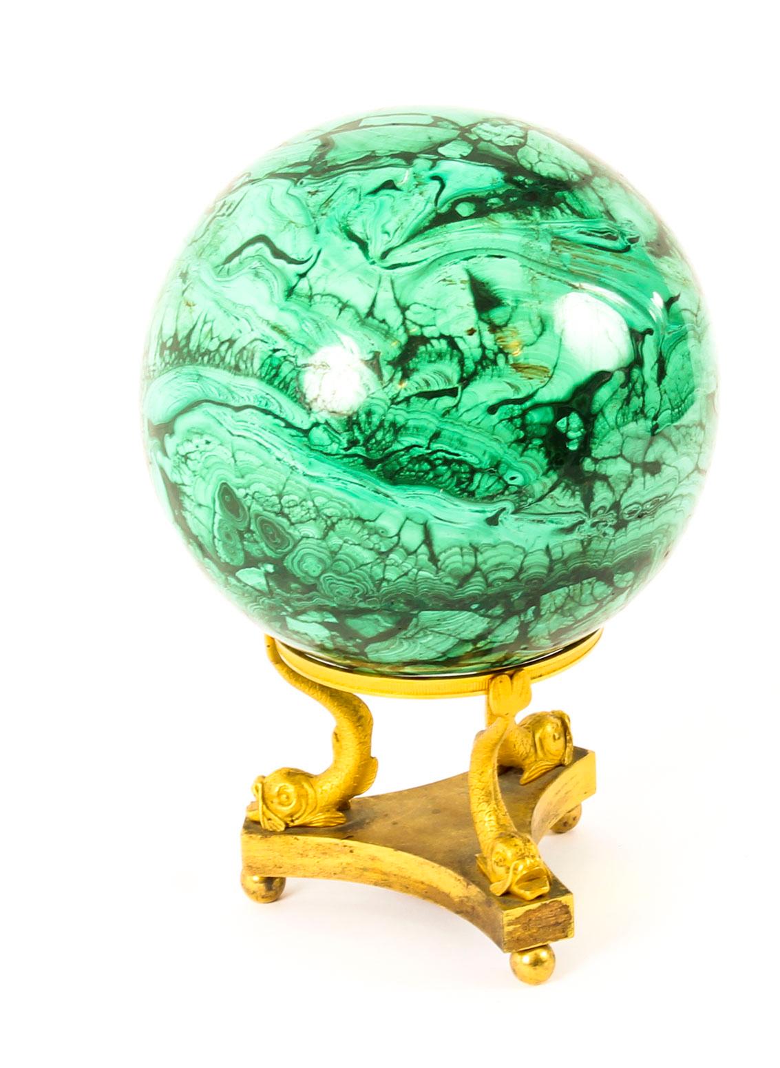 Antique Large Polished Malachite and Ormolu Sphere, 19th Century In Good Condition In London, GB