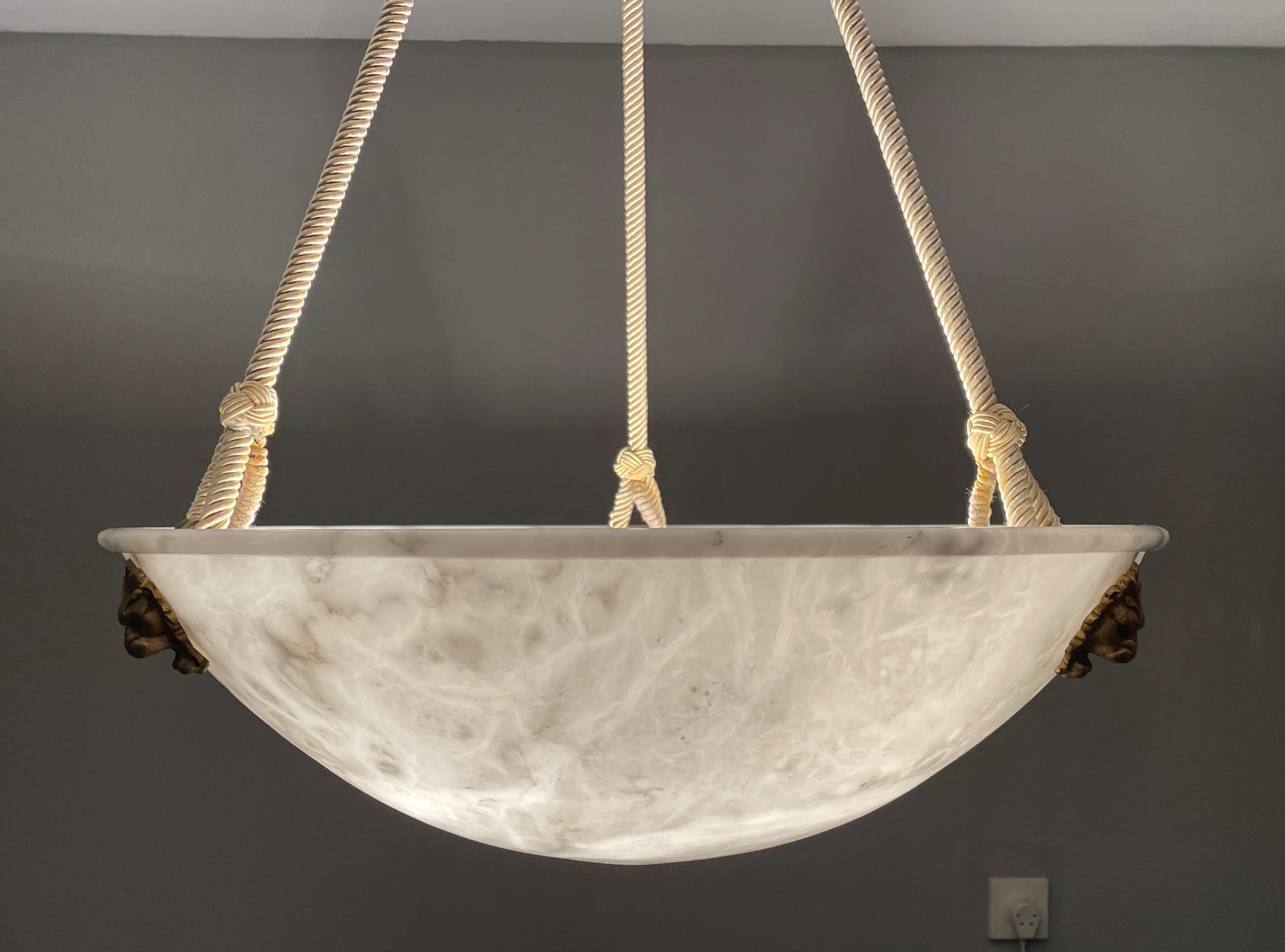 Arts and Crafts Gorgeous Large & Pure White Alabaster Pendant Chandelier W. Mint Rope & Canopy