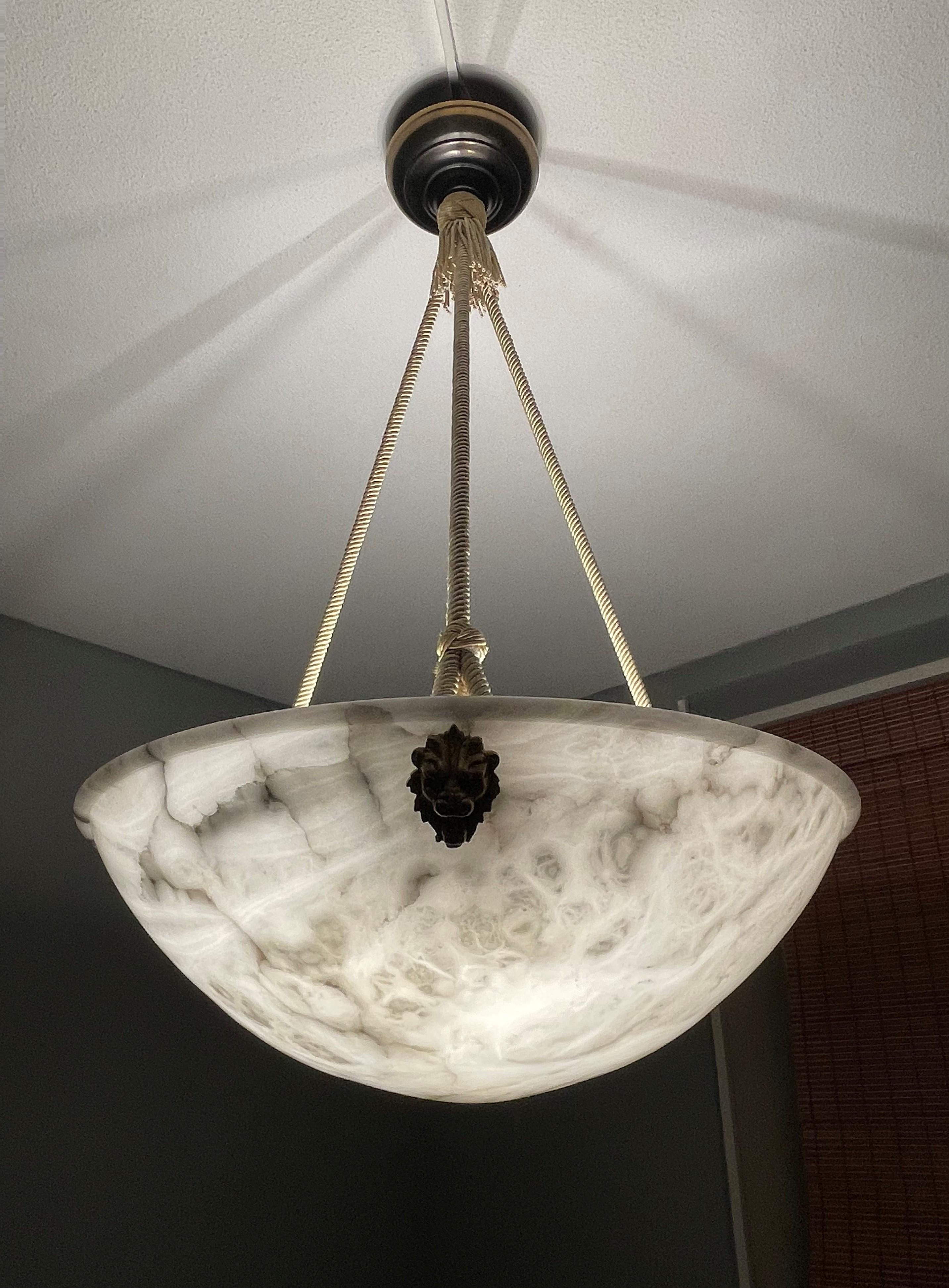 Hand-Carved Gorgeous Large & Pure White Alabaster Pendant Chandelier W. Mint Rope & Canopy