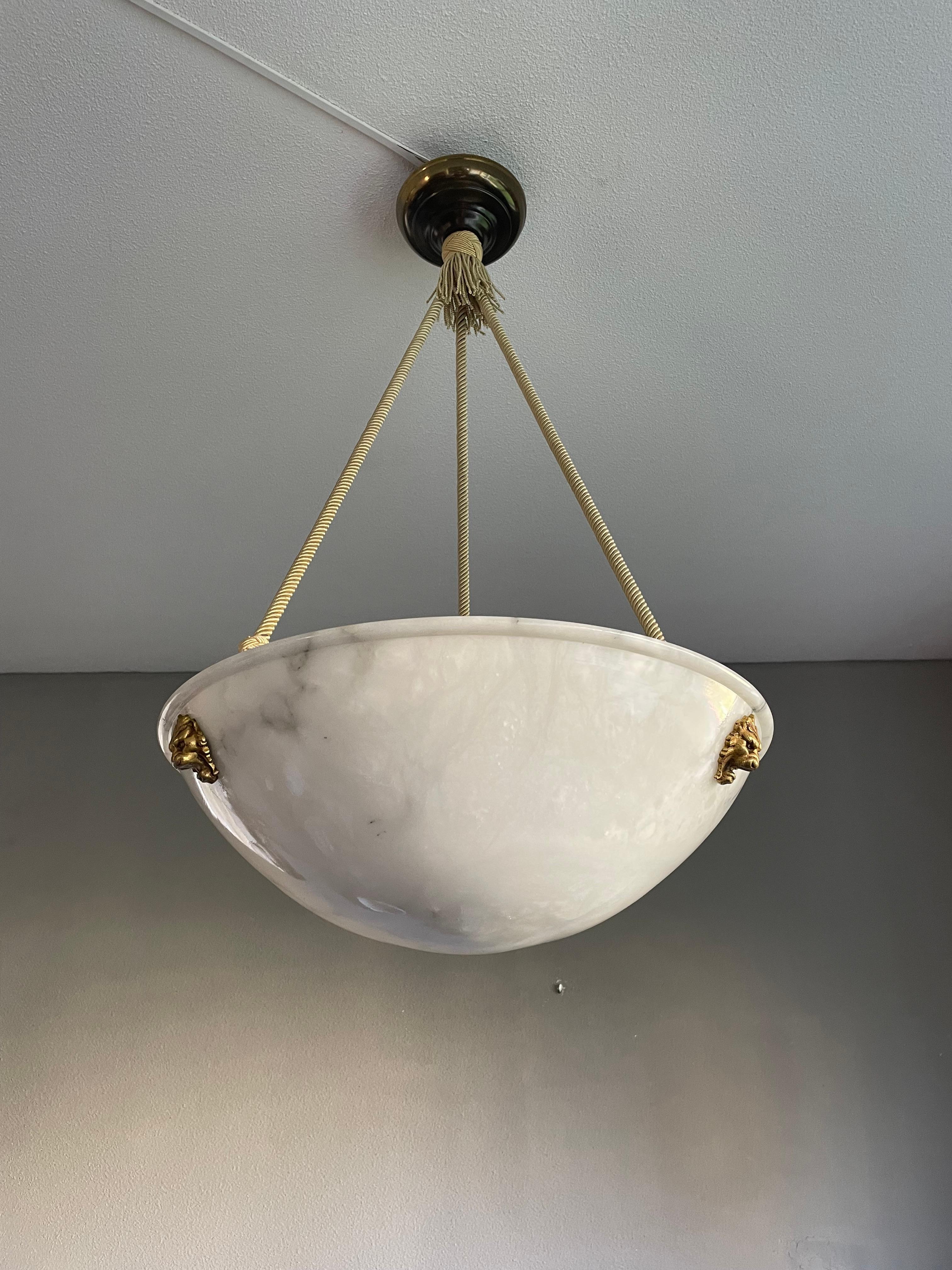 Brass Gorgeous Large & Pure White Alabaster Pendant Chandelier W. Mint Rope & Canopy