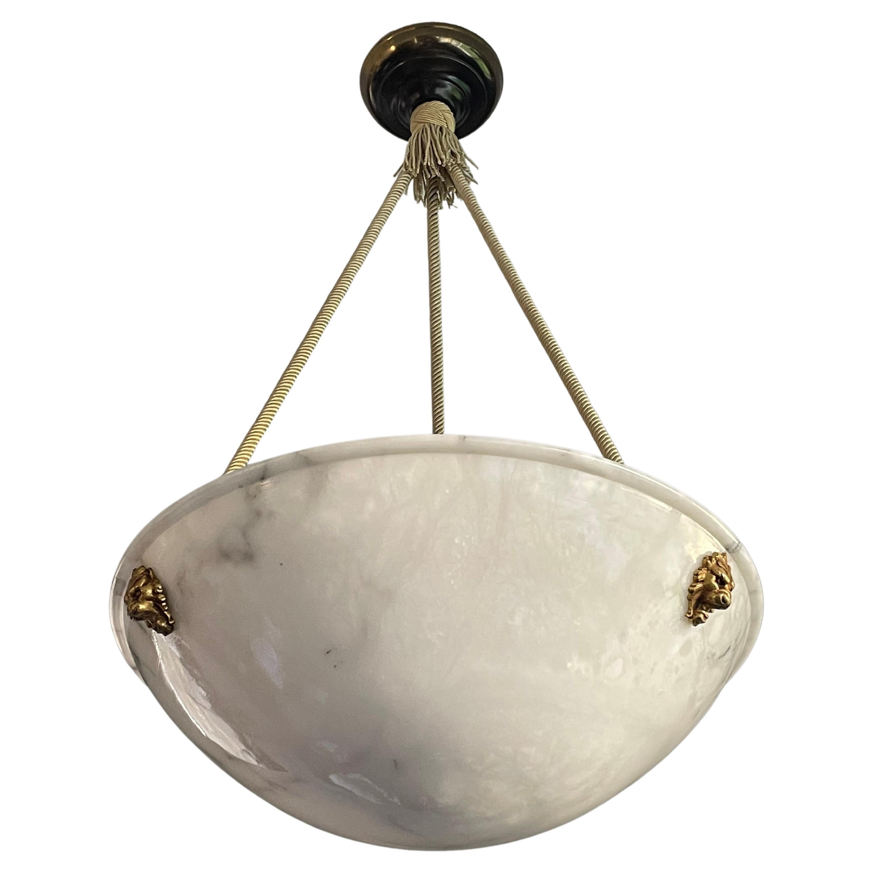 Gorgeous Large & Pure White Alabaster Pendant Chandelier W. Mint Rope & Canopy