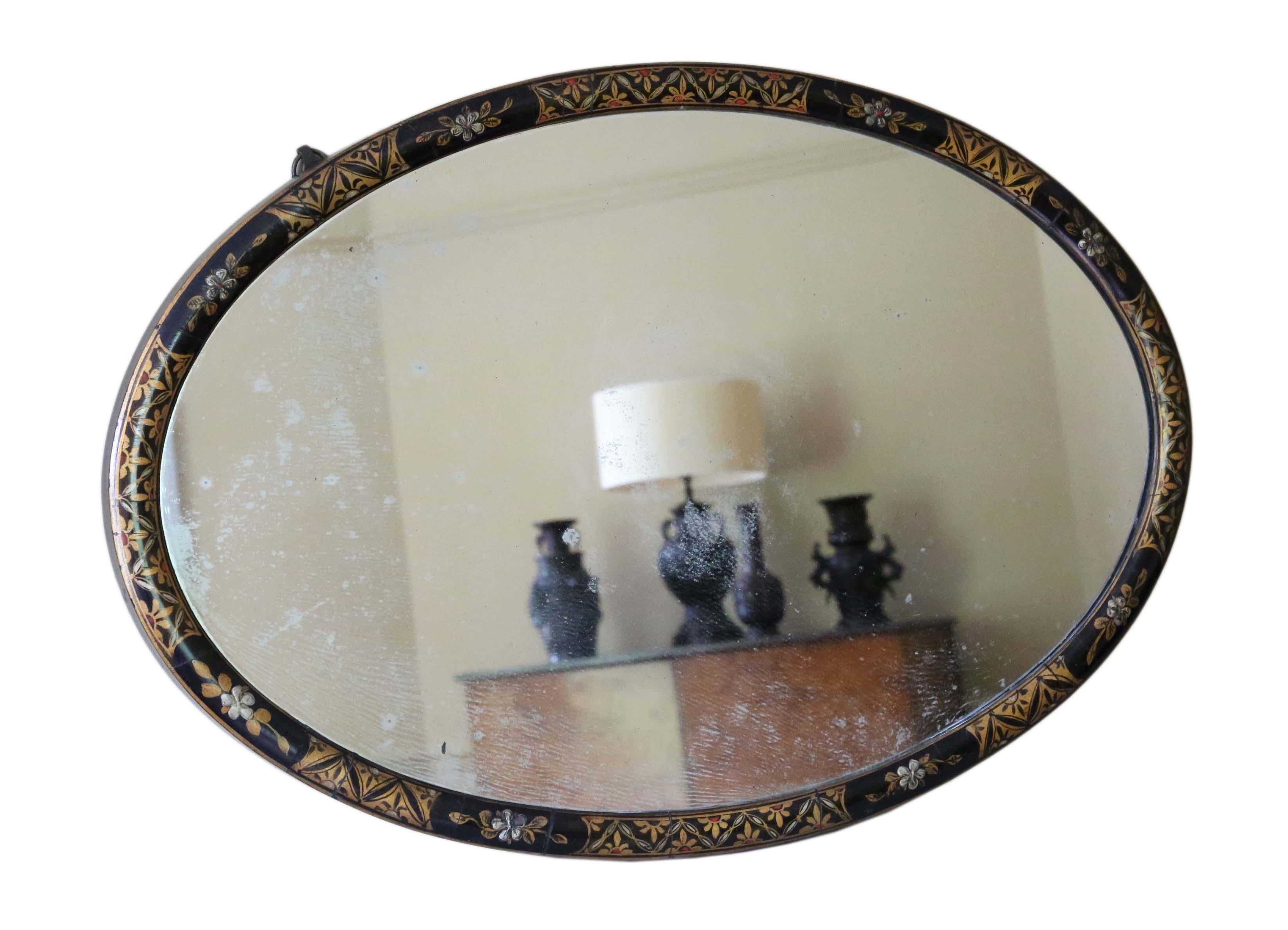 Antique Large Quality Decorated Black Lacquer Oval Wall Overmantle Mirror C1915 In Good Condition In Wisbech, Cambridgeshire