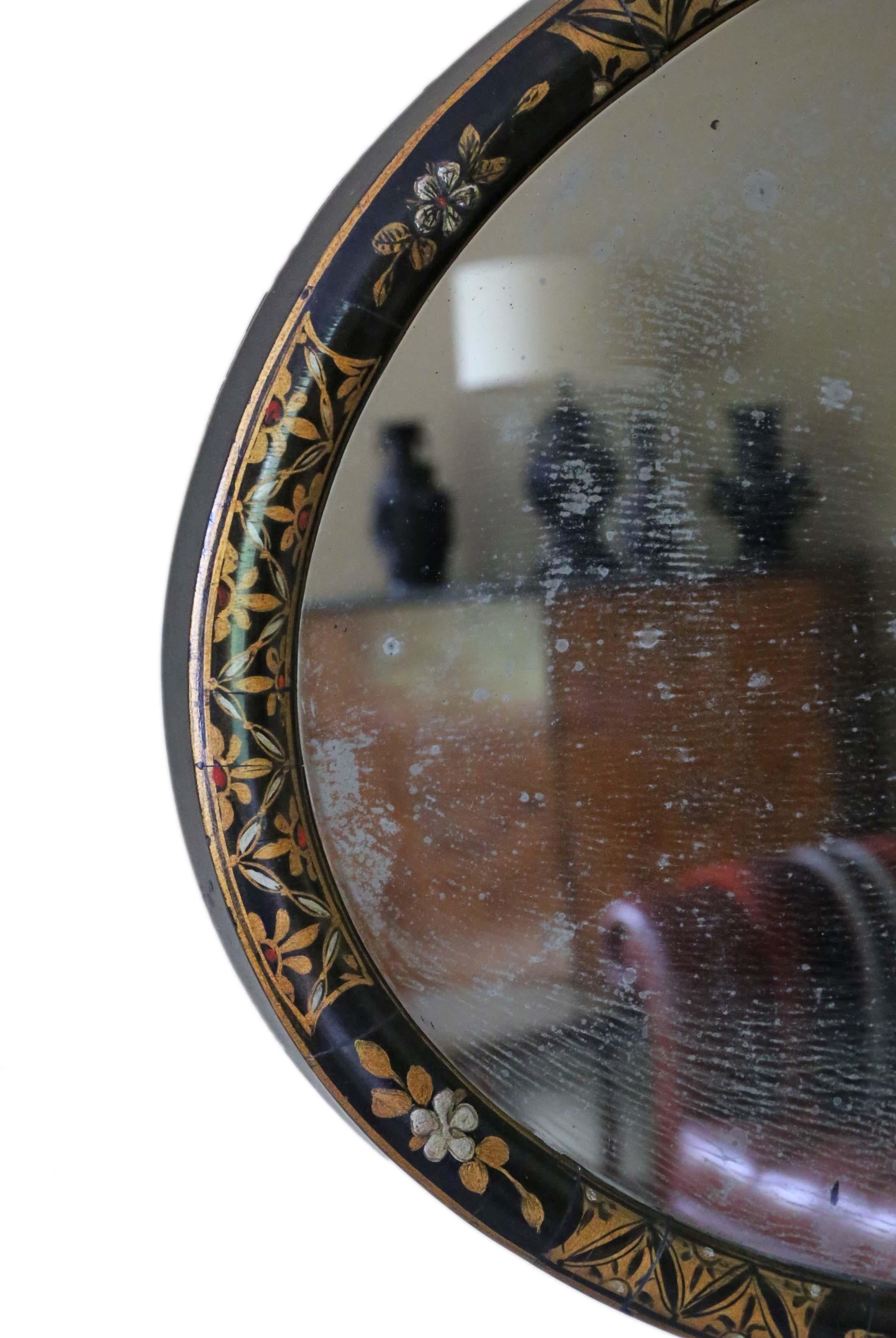 Glass Antique Large Quality Decorated Black Lacquer Oval Wall Overmantle Mirror C1915