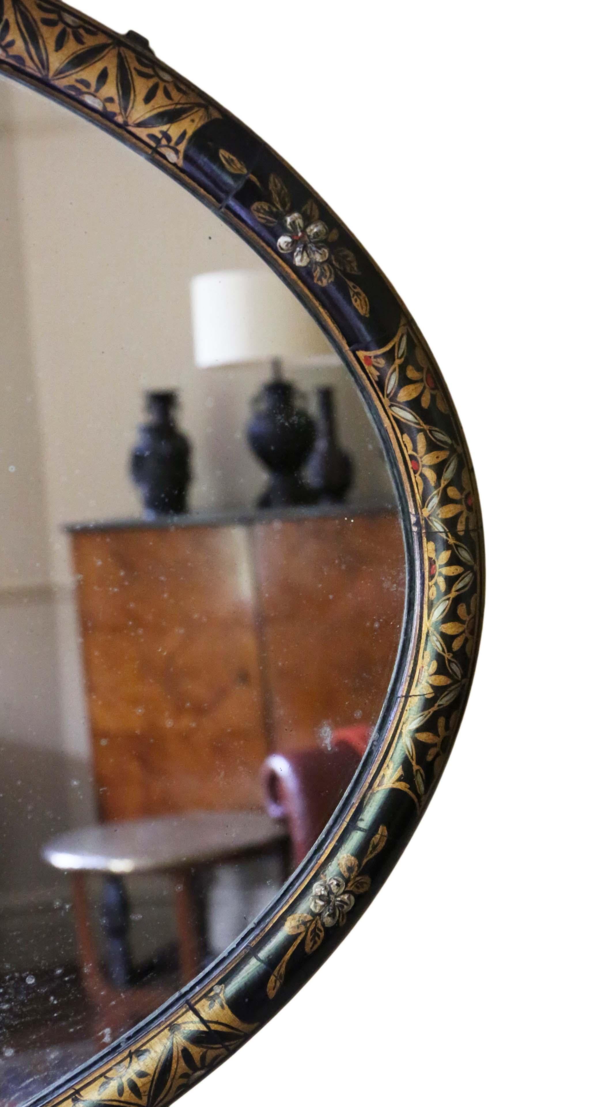 Antique Large Quality Decorated Black Lacquer Oval Wall Overmantle Mirror C1915 1