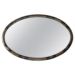 Antique Large Quality Decorated Black Lacquer Oval Wall Overmantle Mirror C1915