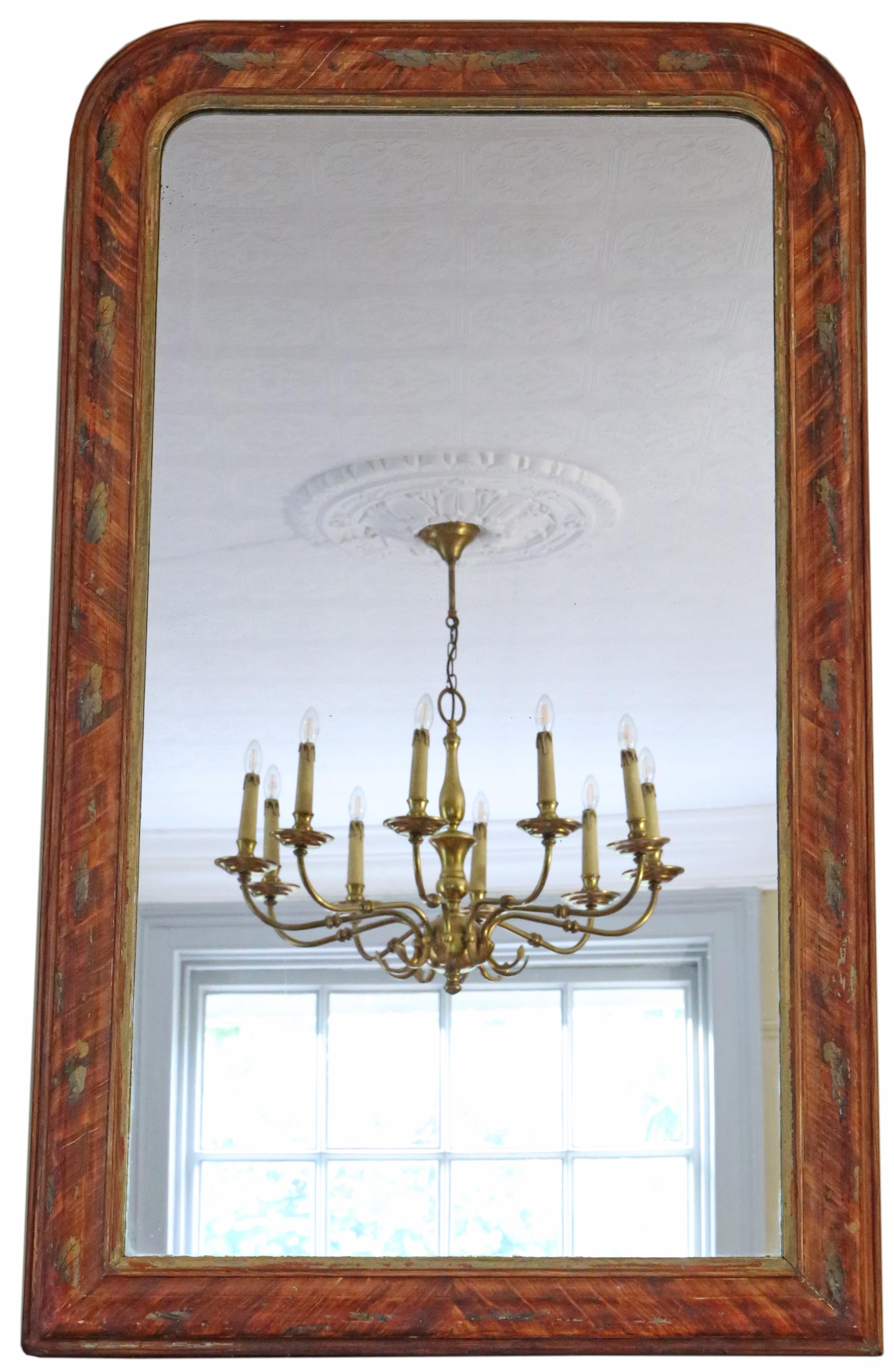 Antique large quality decorated wall or overmantle mirror, 19th century.

An impressive rare find, that would look amazing in the right location. No loose joints.

The original mirrored glass has only light oxidation and other age related