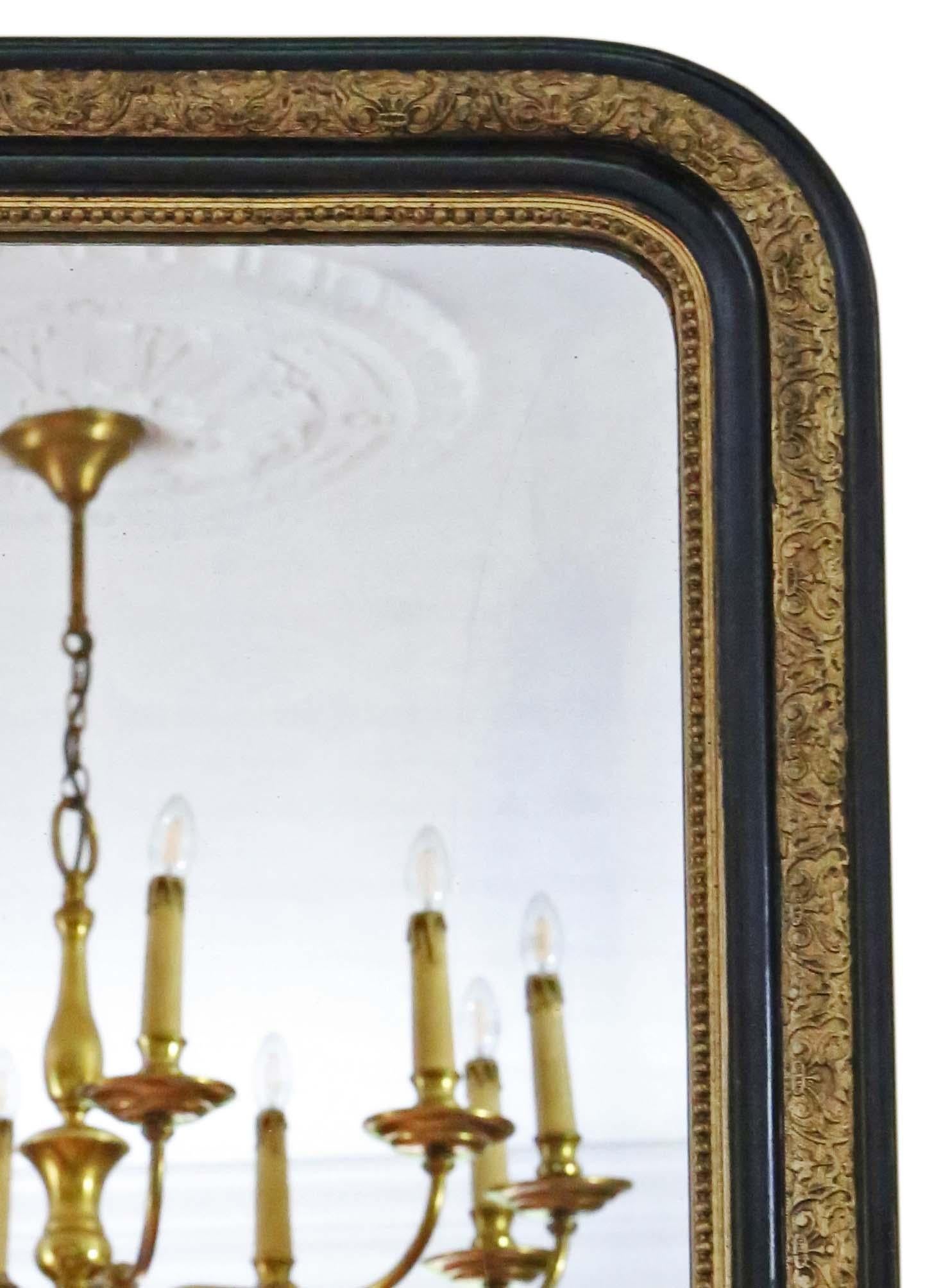 XIXe siècle Antique grand miroir de manteau ébonisé et doré 19ème siècle en vente