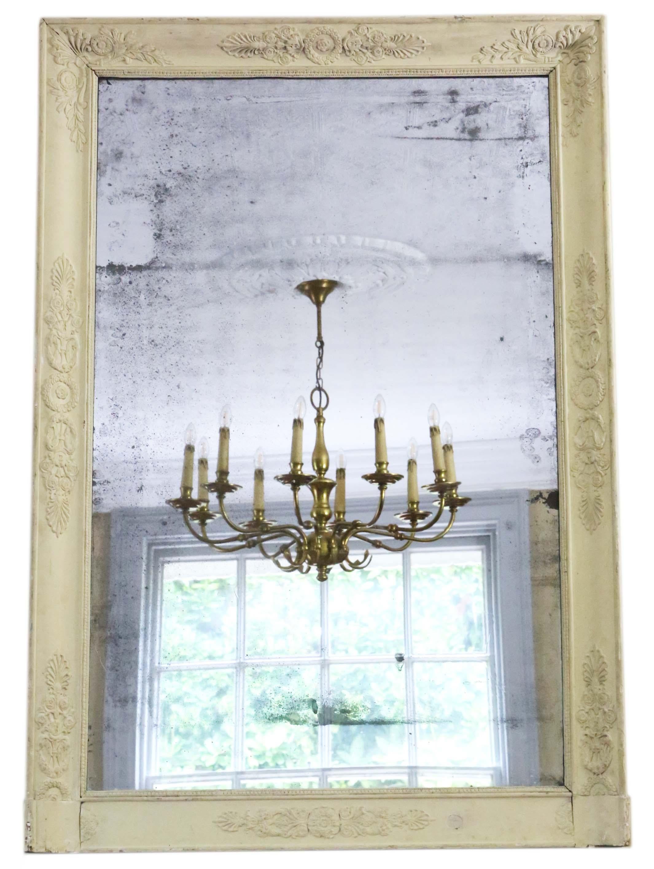 Antique large quality French painted wall overmantle mirror 19th Century.

An impressive and very rare find, that would look amazing in the right location. No loose joints or woodworm. Original panelled back.

Lovely old faded paint finish with