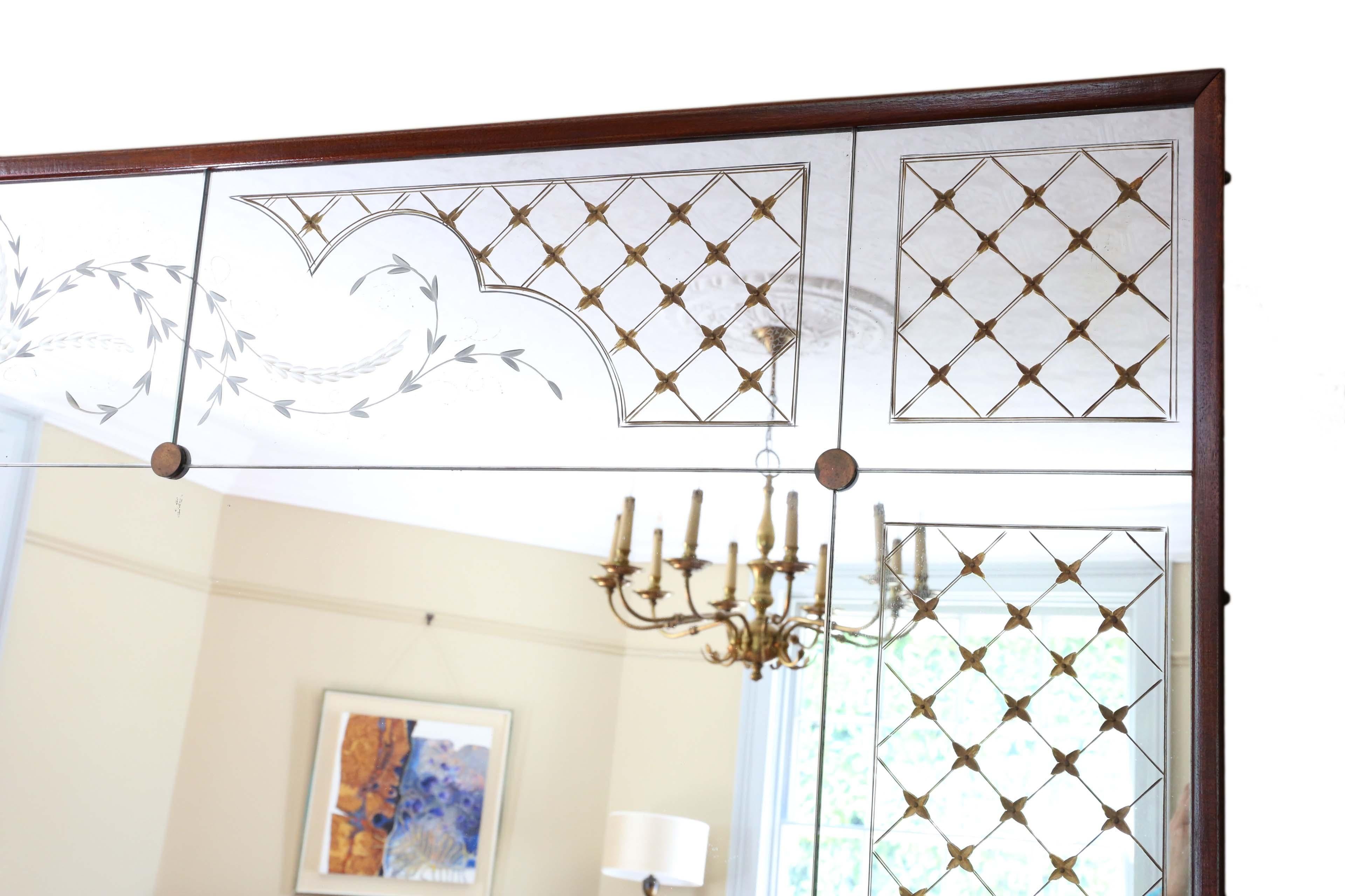 Metà XX secolo Antique Large Quality Italian Mahogany Chateau Overmantle / Wall Mirror c.1950 in vendita