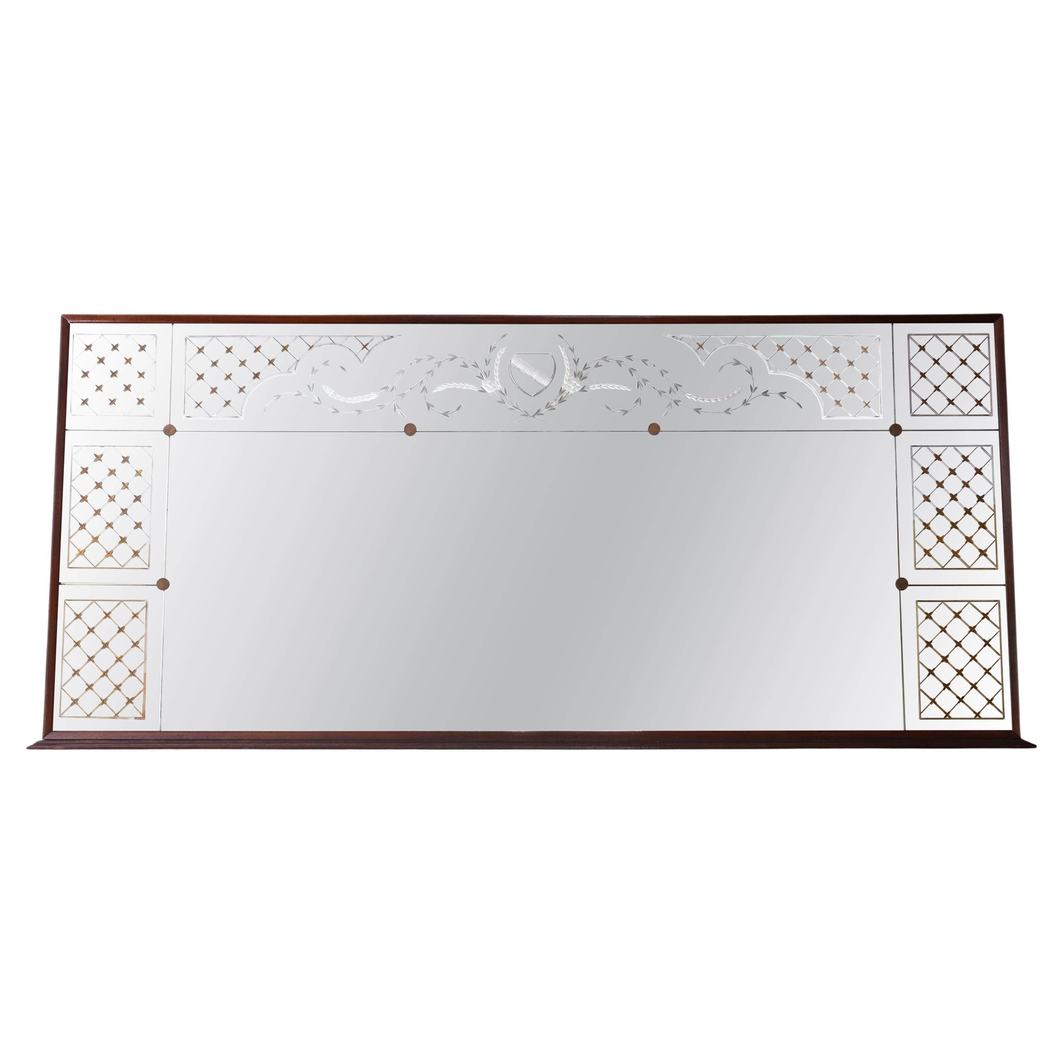 Antique Large Quality Italian Mahogany Chateau Overmantle / Wall Mirror c.1950 in vendita