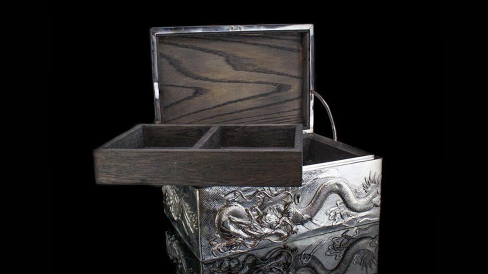 20th Century Antique Large Rectangular Japanese Silver Cigar Box Decorated with Dragons For Sale