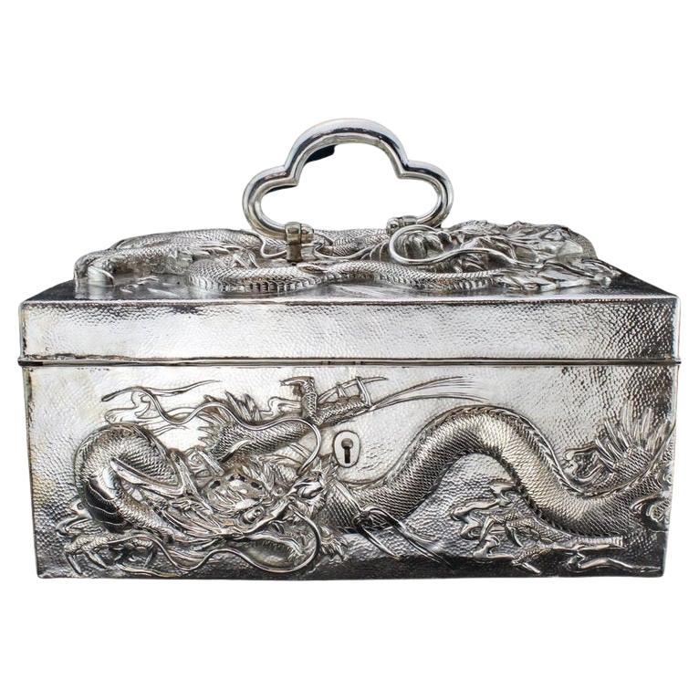 Antique Large Rectangular Japanese Silver Cigar Box Decorated with Dragons
