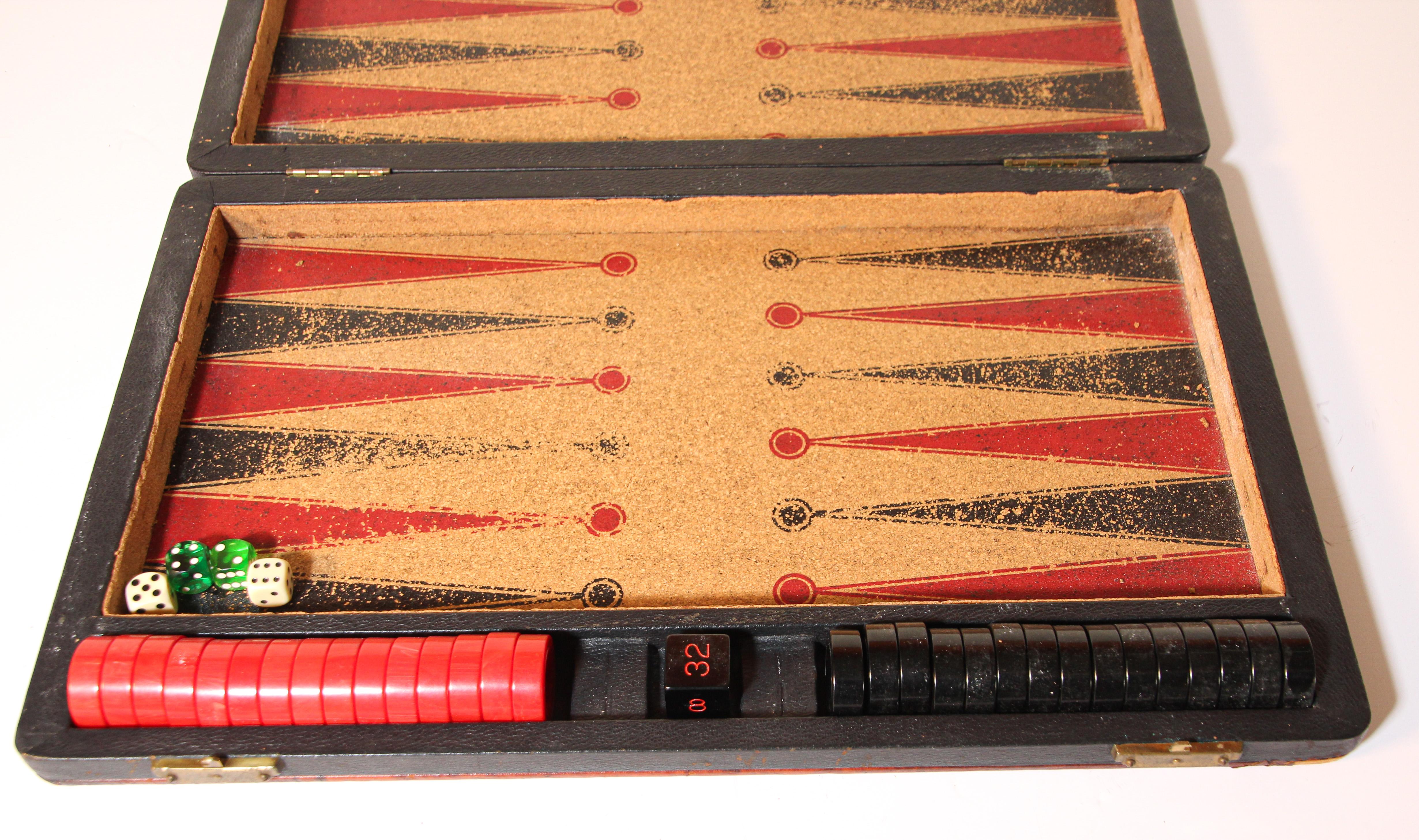 Leather Antique Large Red and Black Backgammon Game with Bakelite Pieces