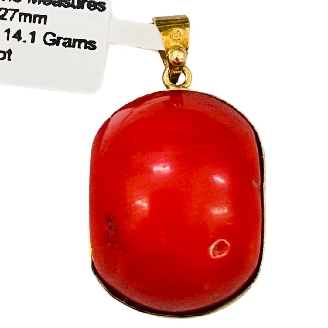 Antique Large Red Coral Cabochon Stone Pendant Made In Egypt 18k Gold For Sale 5