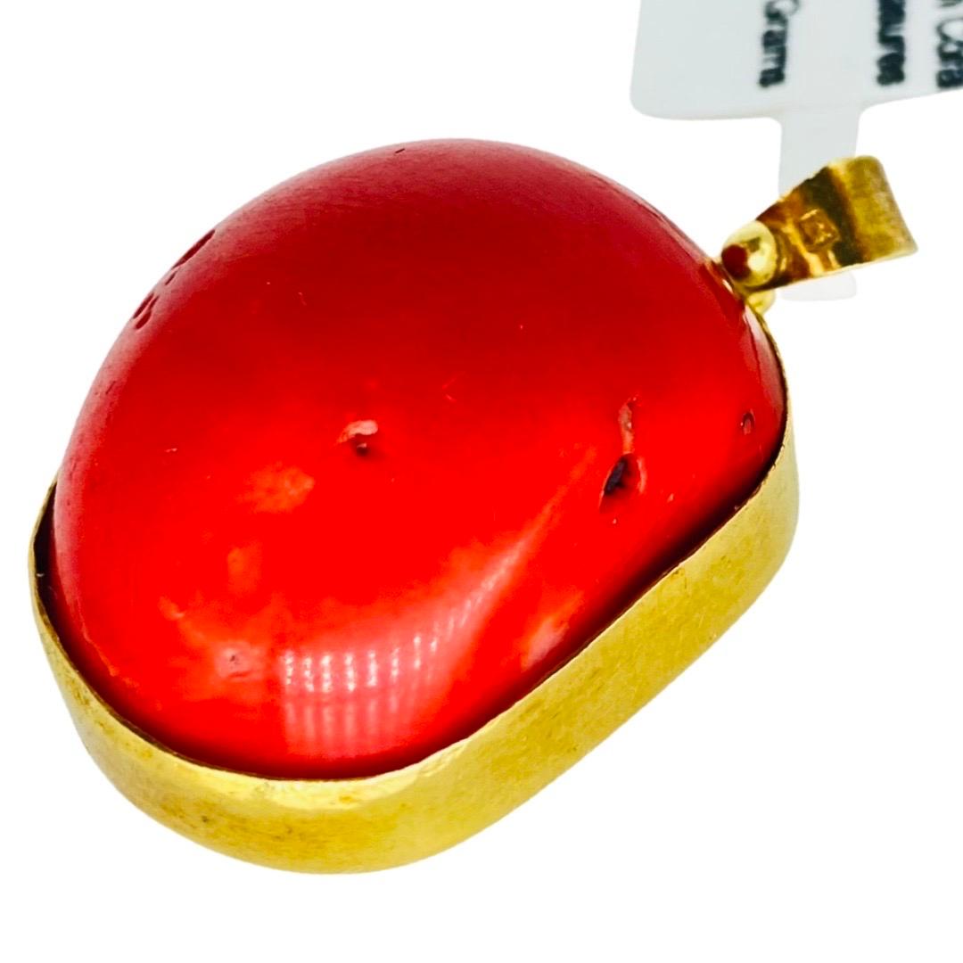 Antique Large Red Coral Cabochon Stone Pendant Made In Egypt 18k Gold For Sale 6