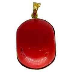 Antique Large Red Coral Cabochon Stone Pendant Made In Egypt 18k Gold