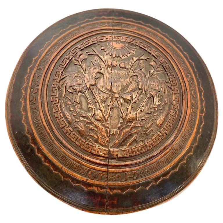Antique Large Round Wooden Container Hand Carved Lid For Sale