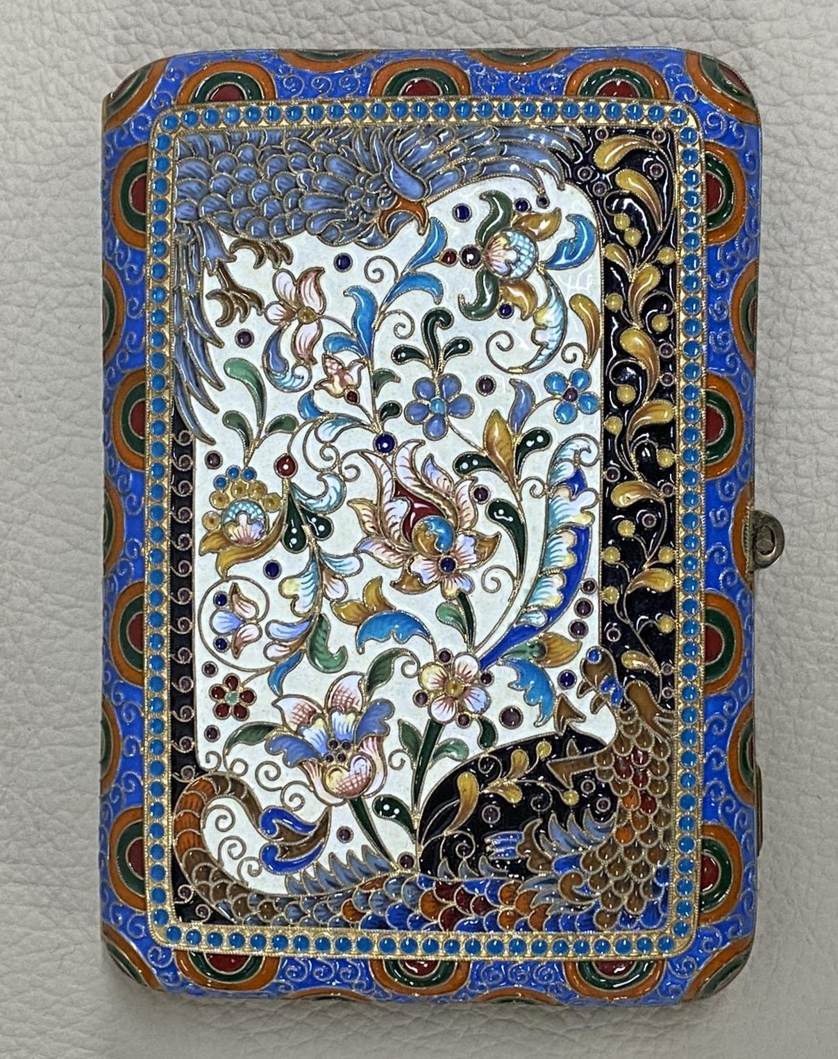 Antique Large Russian Silver 84 Gold Gilt Cloisonné Enamel Cigarette Case For Sale 6