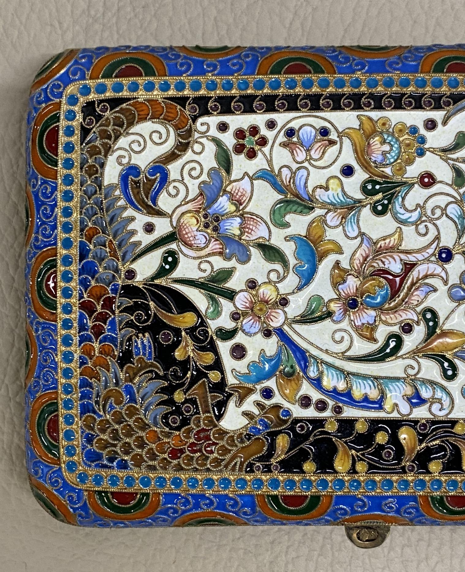 Antike große russische Zigarettenetui aus Silber 84 Gold vergoldete Cloisonné-Emaille im Angebot 8