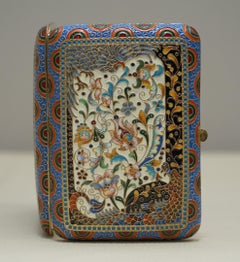 Antique Large Russian Silver 84 Gold Gilt Cloisonné Enamel Cigarette Case