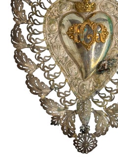 Antique Large Sacred Heart Ex-Voto, Flaming Heart, PGR (Per Grazia Ricevuta)