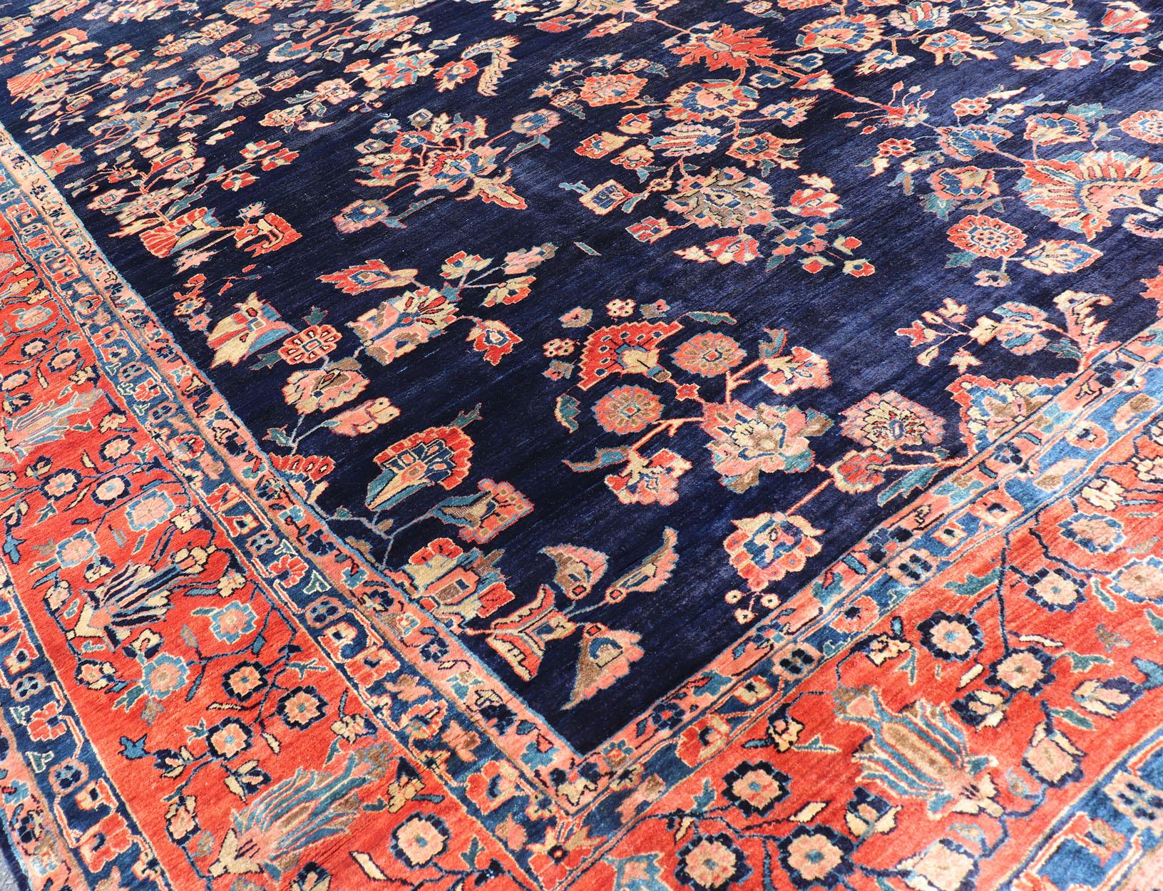 Antique Large Sarouk Faraghan Rug with Floral Pattern in Navy and Orange-Red For Sale 2