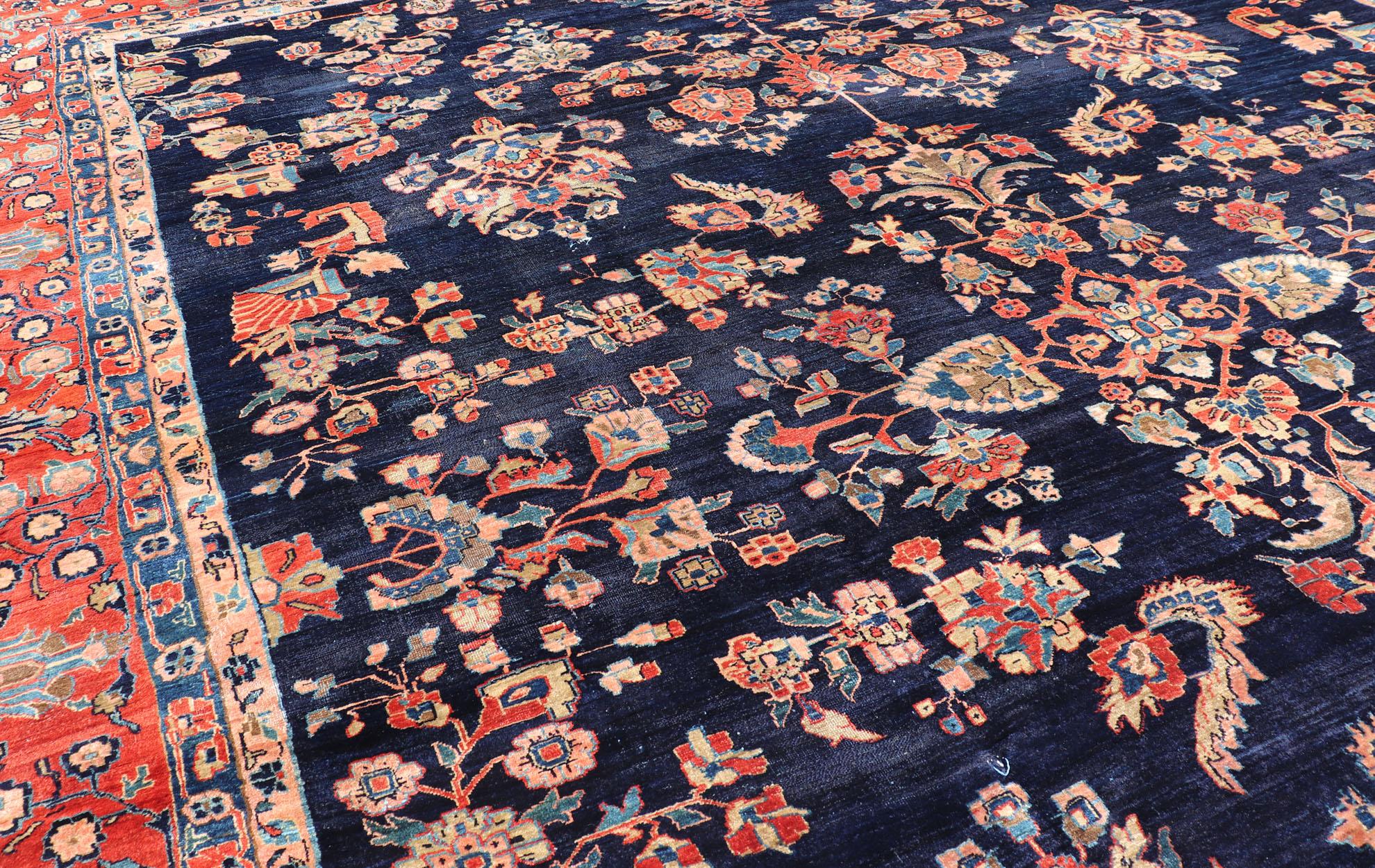 Antique Large Sarouk Faraghan Rug with Floral Pattern in Navy and Orange-Red For Sale 3