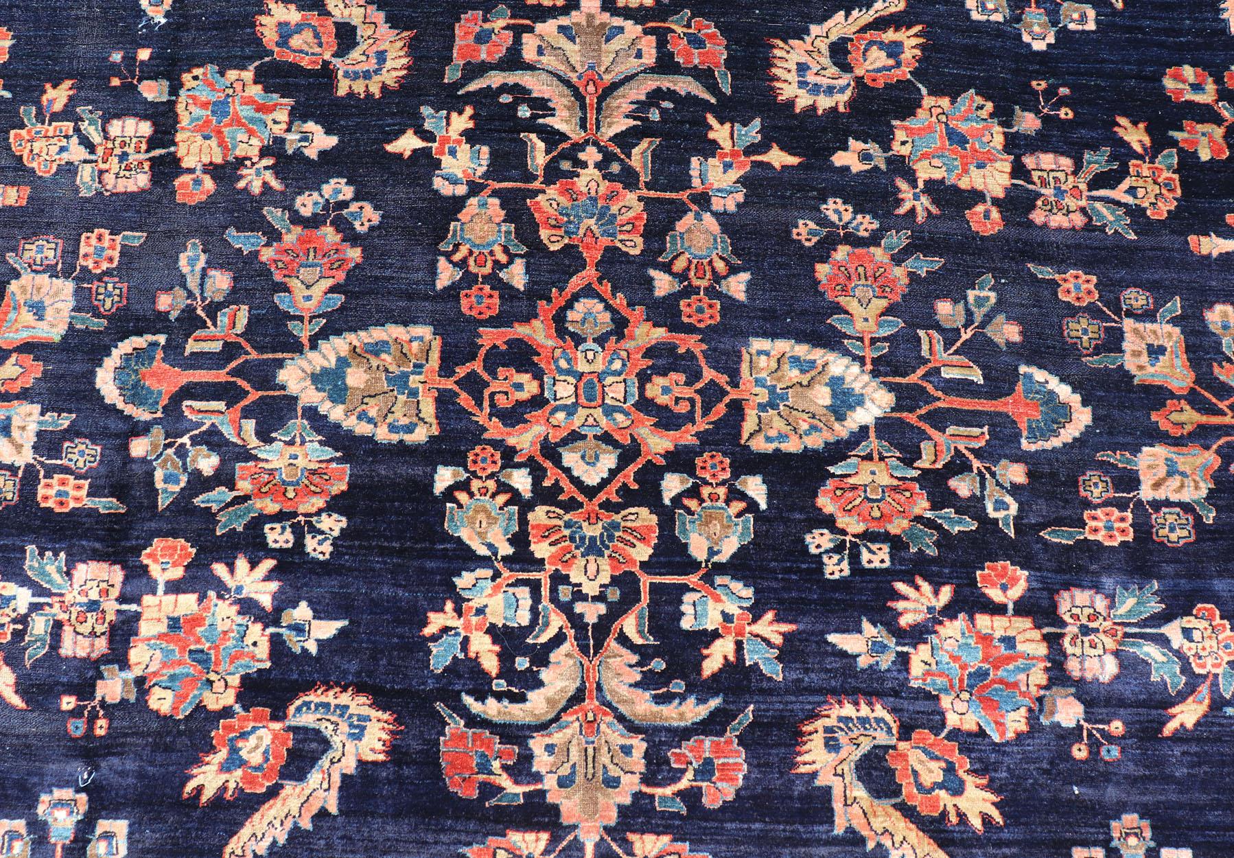 Antique Large Sarouk Faraghan Rug with Floral Pattern in Navy and Orange-Red For Sale 4