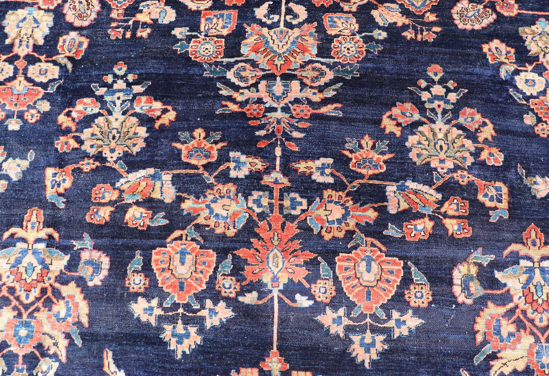 Antique Large Sarouk Faraghan Rug with Floral Pattern in Navy and Orange-Red For Sale 5