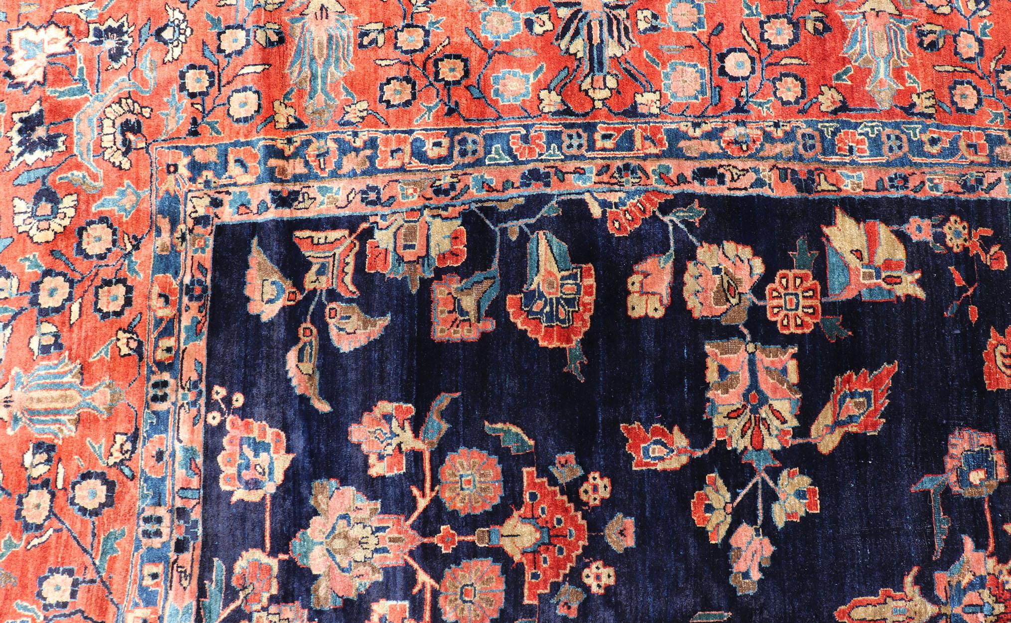 Antique Large Sarouk Faraghan Rug with Floral Pattern in Navy and Orange-Red For Sale 7