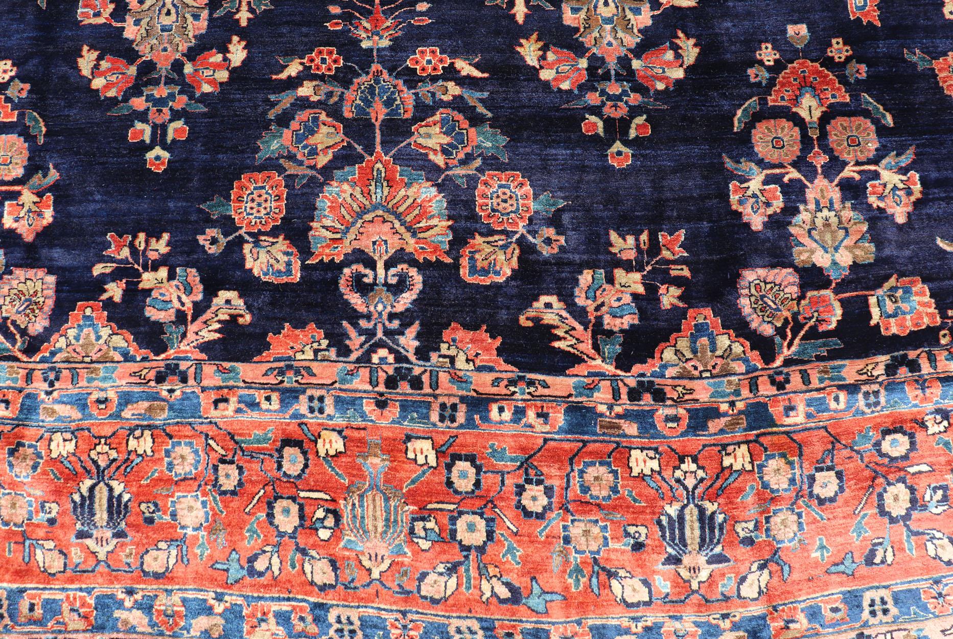 Antique Large Sarouk Faraghan Rug with Floral Pattern in Navy and Orange-Red For Sale 8