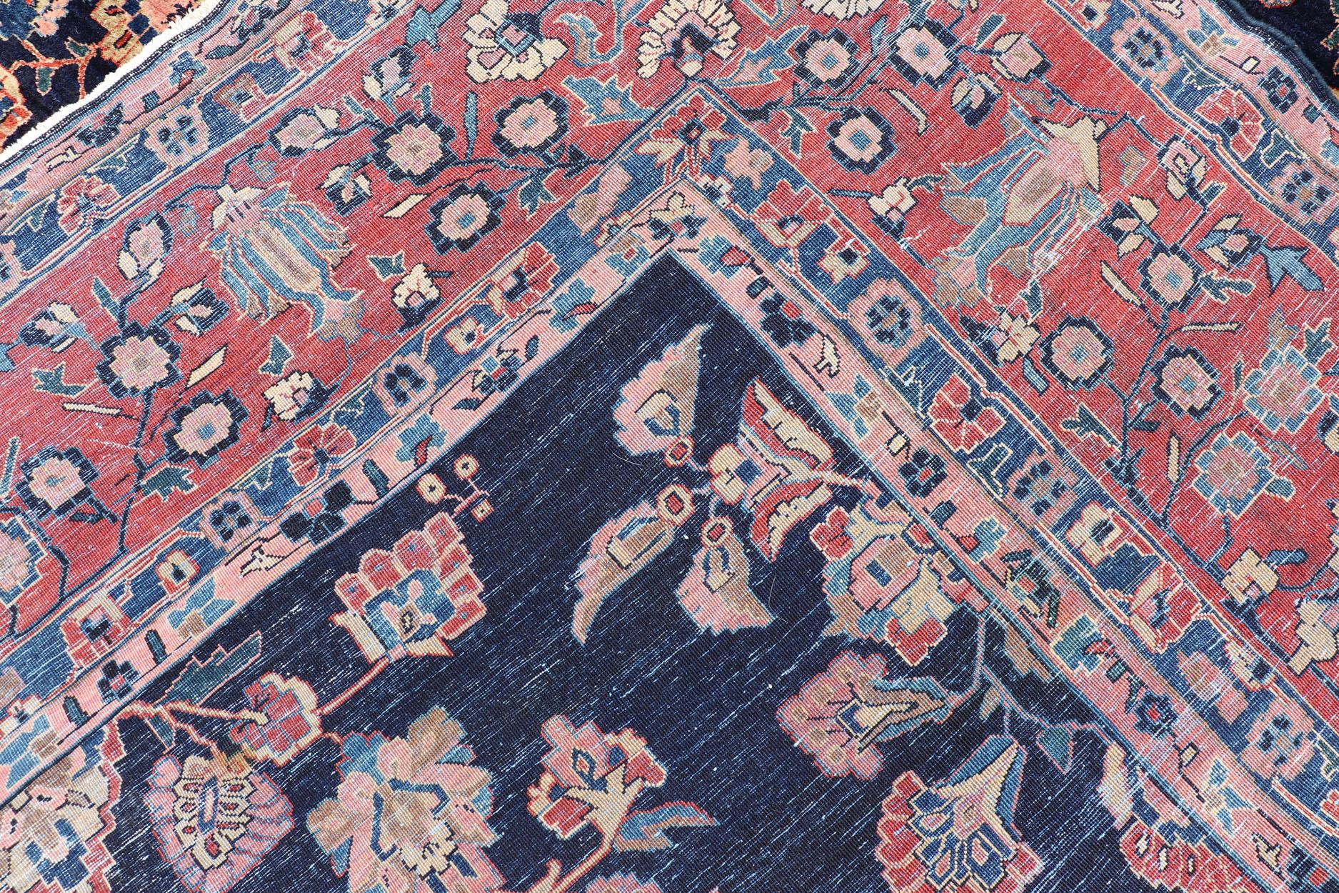Antique Large Sarouk Faraghan Rug with Floral Pattern in Navy and Orange-Red For Sale 12