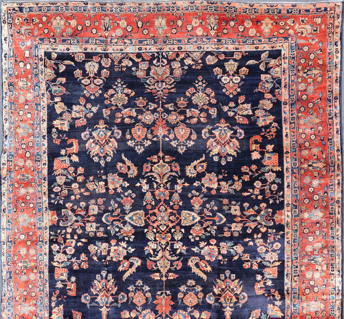 Sarouk Farahan Antique Large Sarouk Faraghan Rug with Floral Pattern in Navy and Orange-Red For Sale