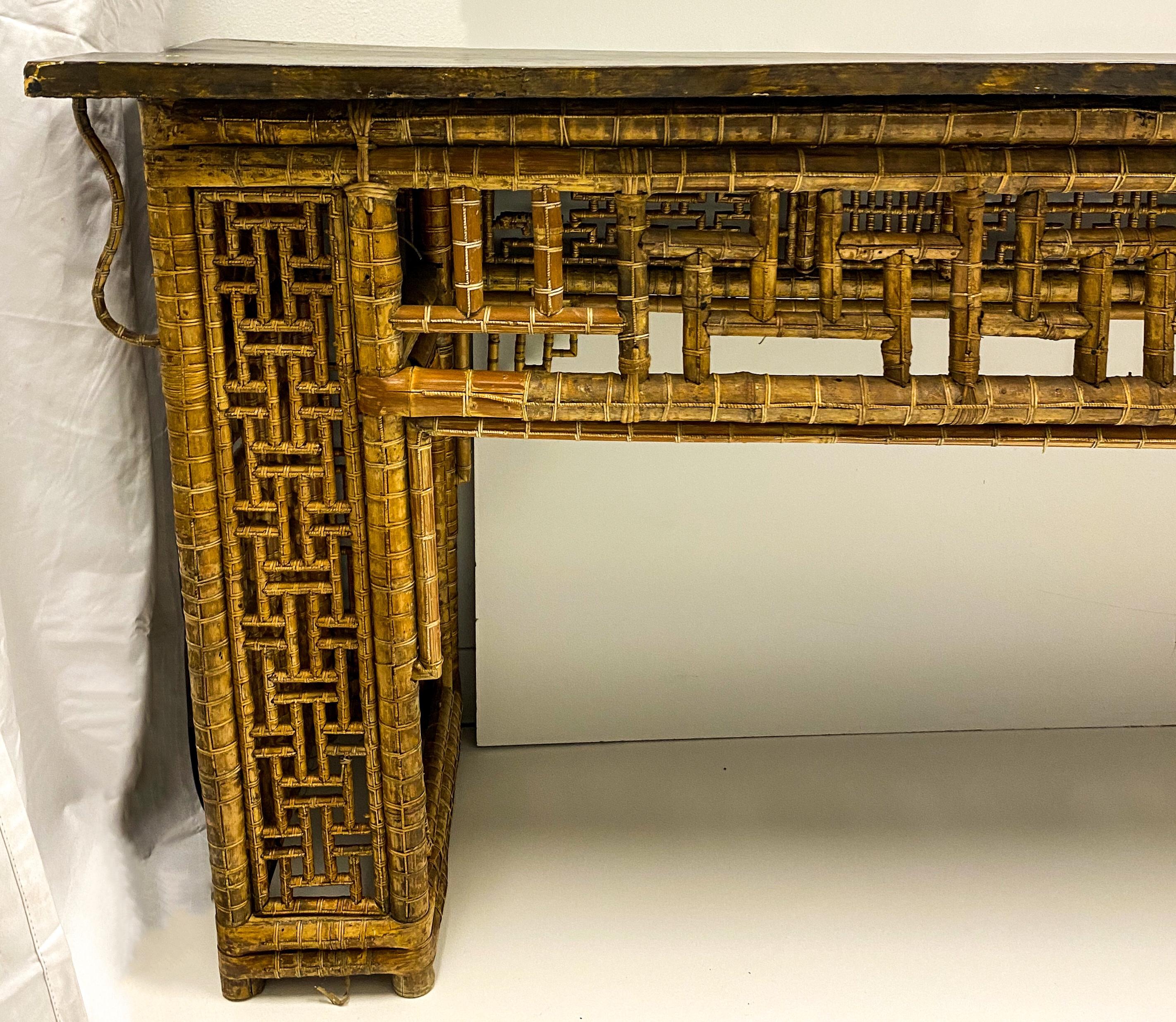 Chinese Chippendale Antique Large Scale Chinese Bamboo Console Table with Chippendale Styling