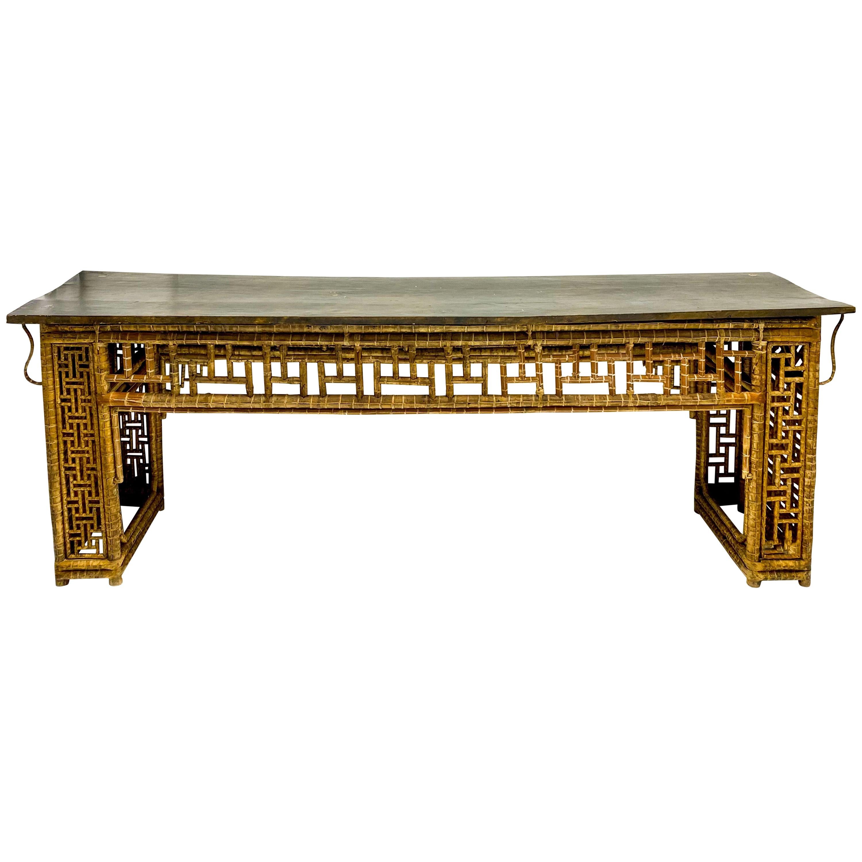 Antique Large Scale Chinese Bamboo Console Table with Chippendale Styling