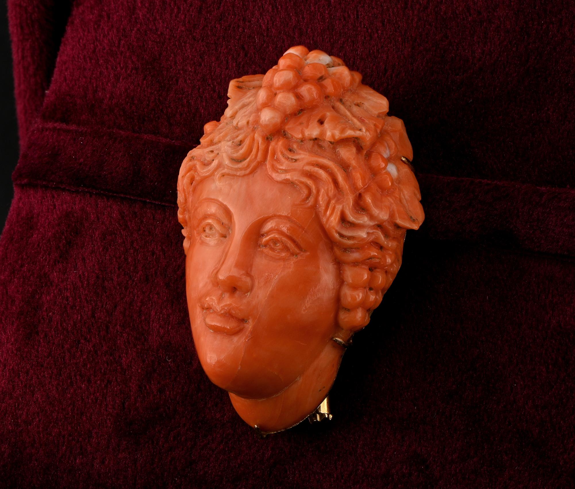 Women's or Men's Antique Large Scale Coral Baccante Brooch For Sale