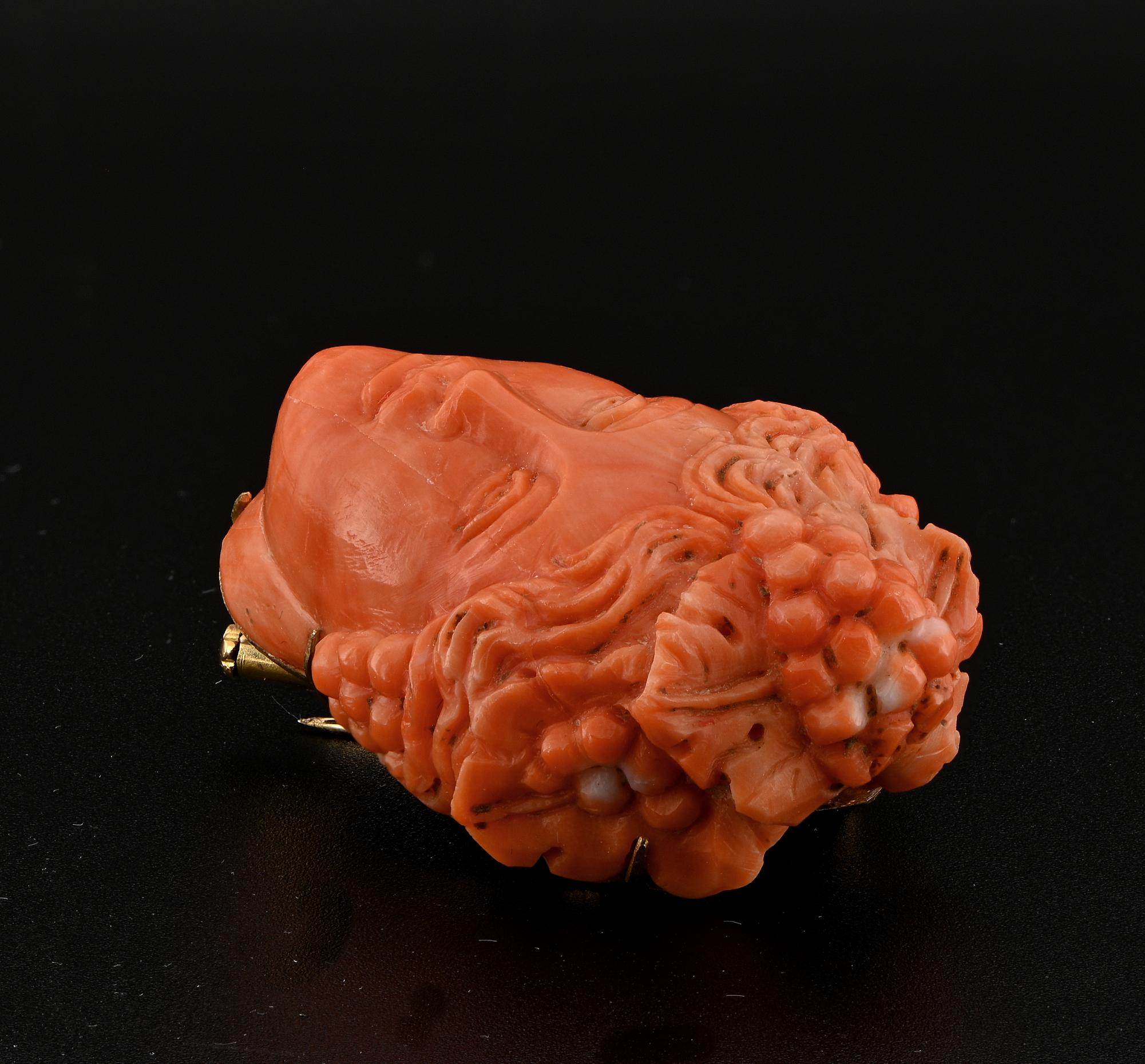 Antique Large Scale Coral Baccante Brooch For Sale 2