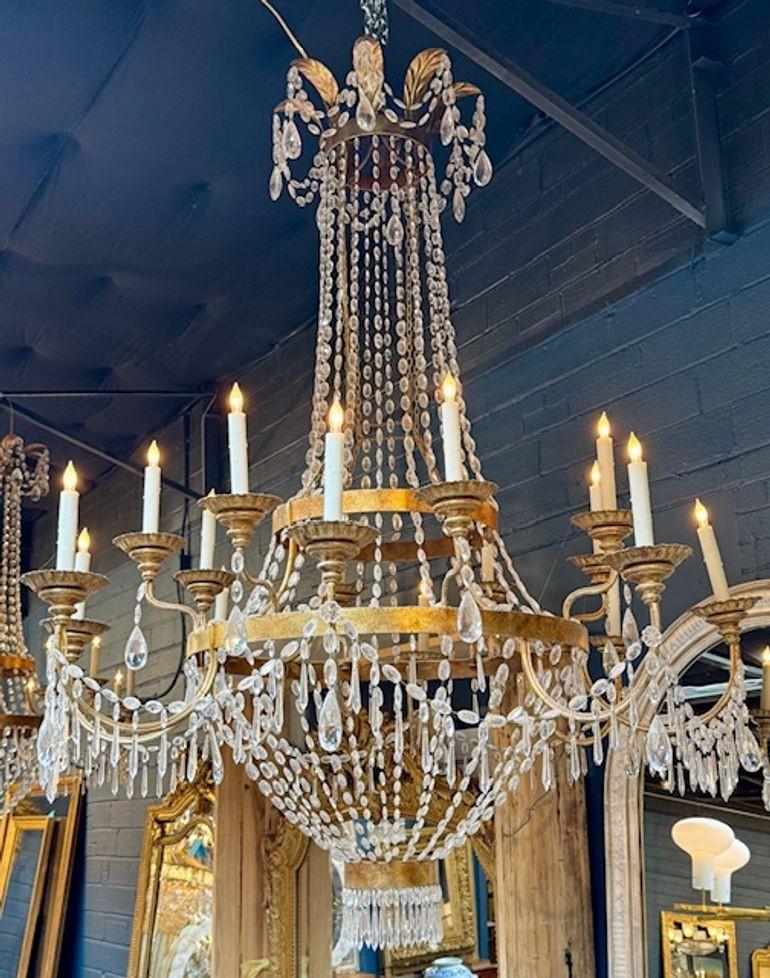 Il lampadario antico di grandi dimensioni in bronzo dorato e cristallo emana un senso di grandezza e raffinatezza grazie al suo design intricato e ai materiali di lusso. Questo lampadario, di grandi dimensioni, presenta una splendida combinazione di