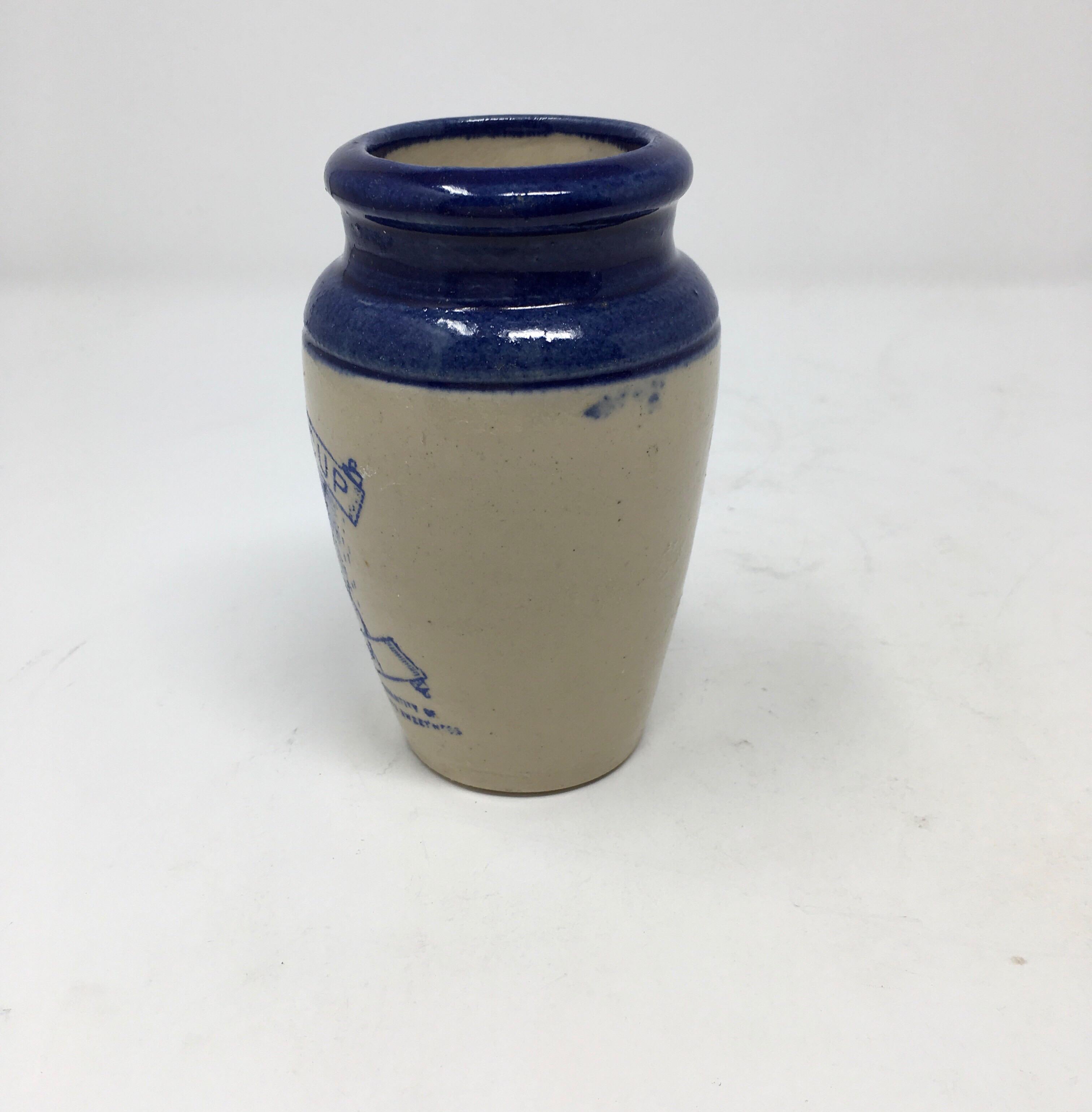 Found in England, this Scottish stoneware Buttercup cream advertising pot has a beautiful cobalt blue top, cobalt transfer print and a pictorial of a milk maid and cow. The pot measures approx. 5 inches high and is in good condition.